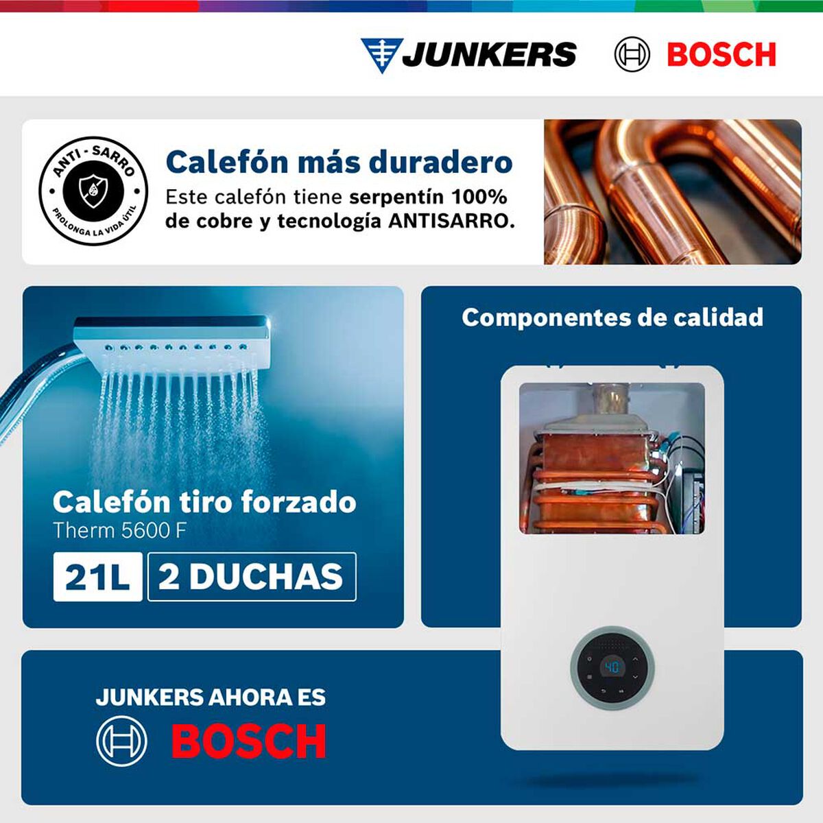 Calef&oacute;n 21 litros gas natural tiro forzado Junkers Bosch Therm 5600 F