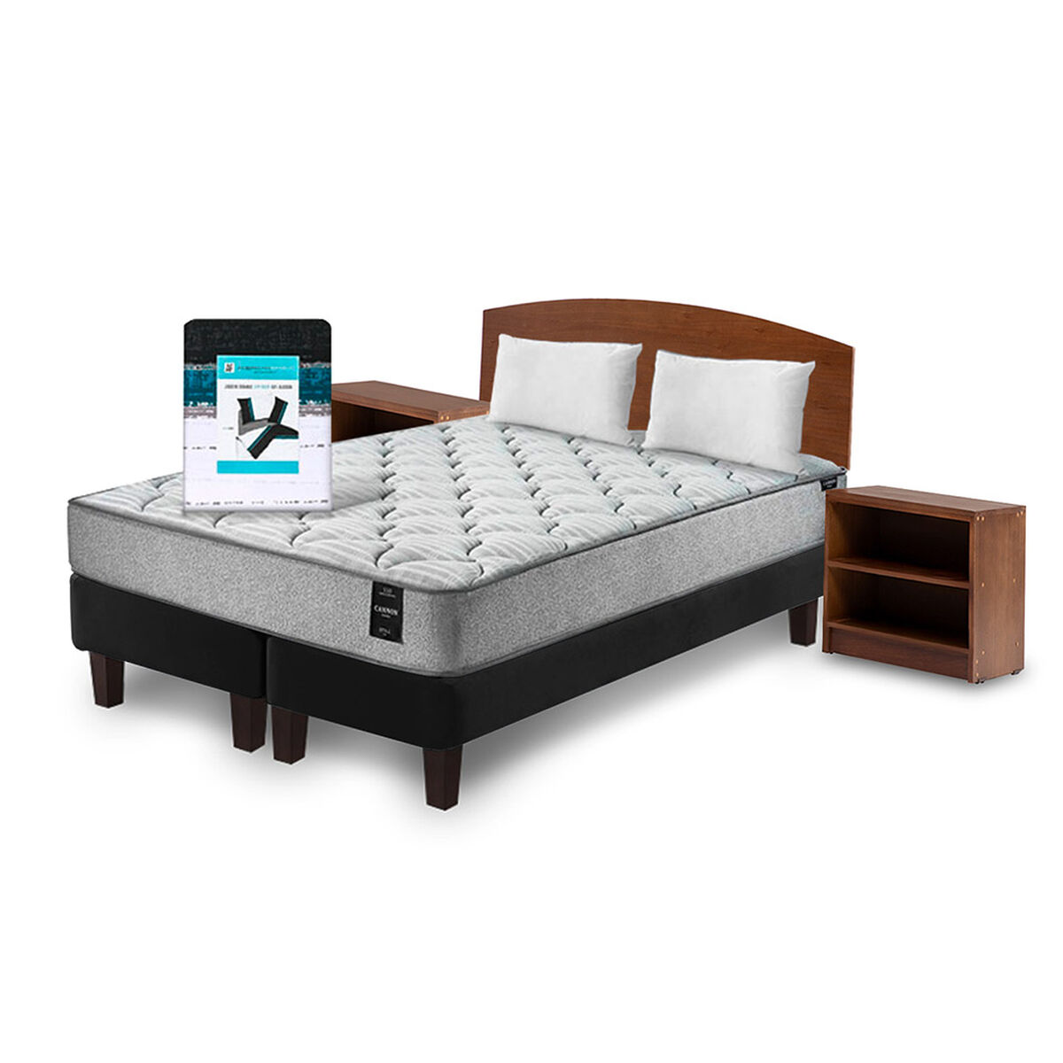 Combo Cama Europea Latam Home 2 Plazas Cannon BD Tela Negro + Textil + Respaldo + 2 Veladores Atlas