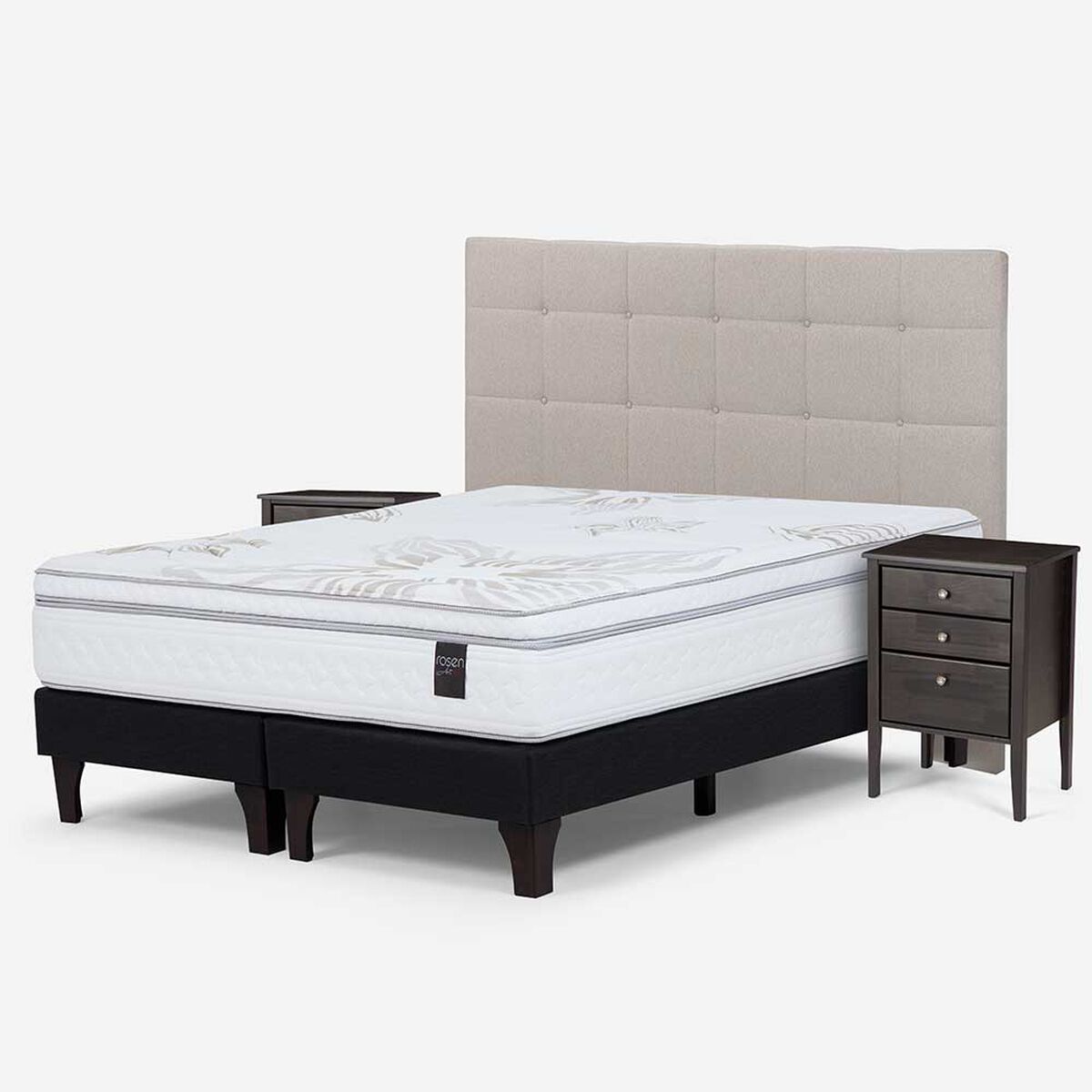 Cama Europea Rosen Base Dividida King Art 4 + Respaldo + 2 Veladores Niebla