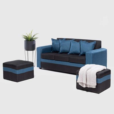 Juego de Living Almore Paris Sofá 3 Cuepos + Dos Pouf 1 Cuerpo Azul Negro