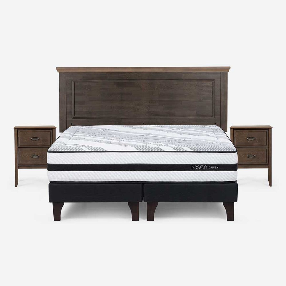 Cama Europea Rosen Base Dividida 2 Plazas Anna + Respaldo + 2 Veladores