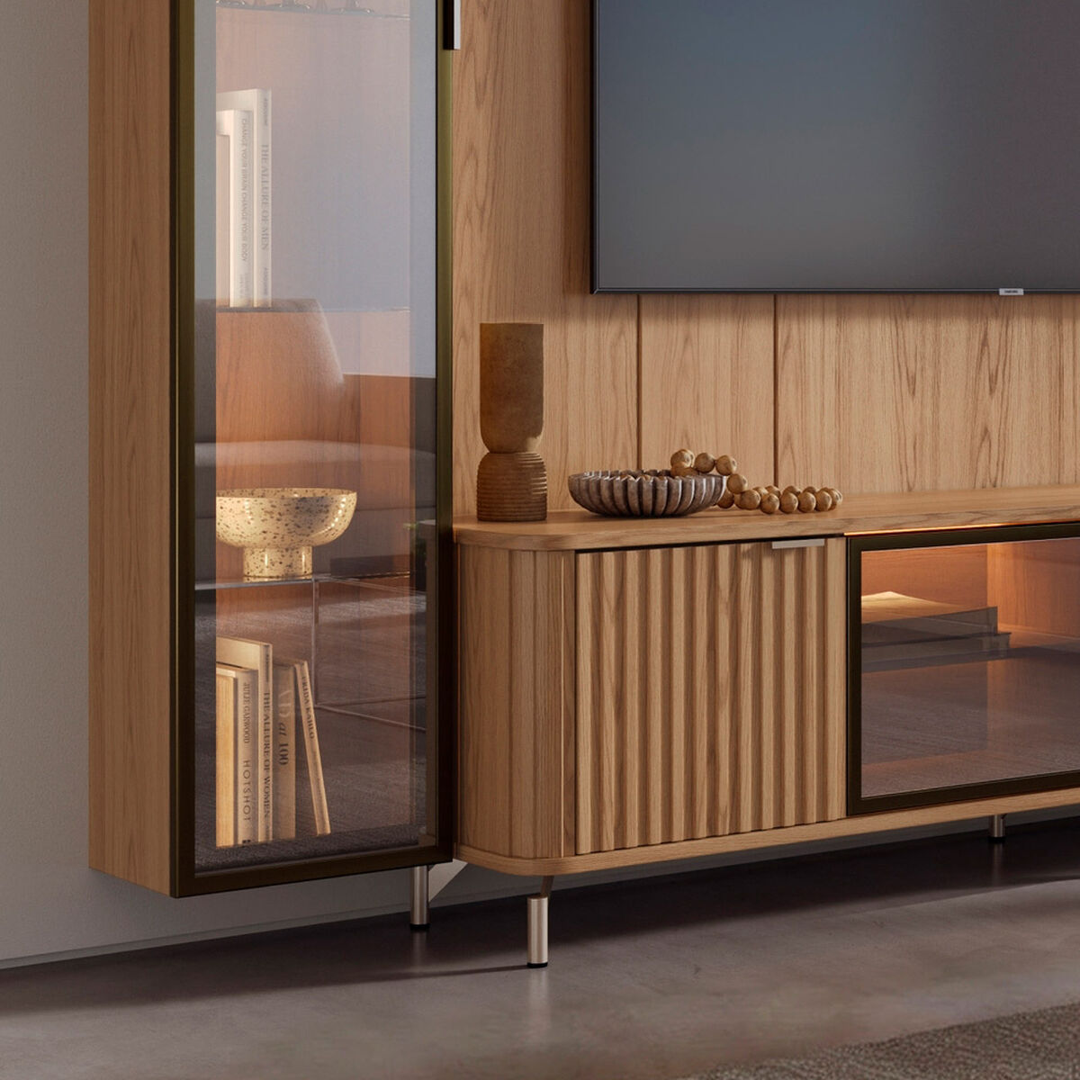 Rack TV 80" + Panel Neon Float Led + Vitrina + Repisas Decocasa Carvalho