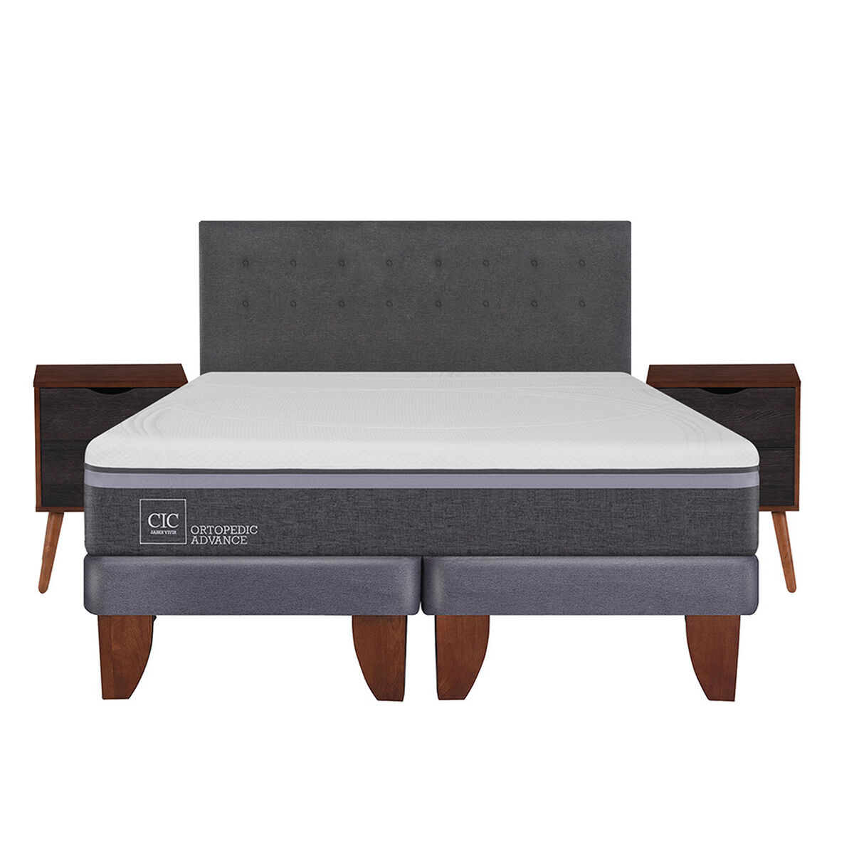 Cama Europea CIC King Ortopedic Advance + Respaldo + 2 Veladores Eufrates