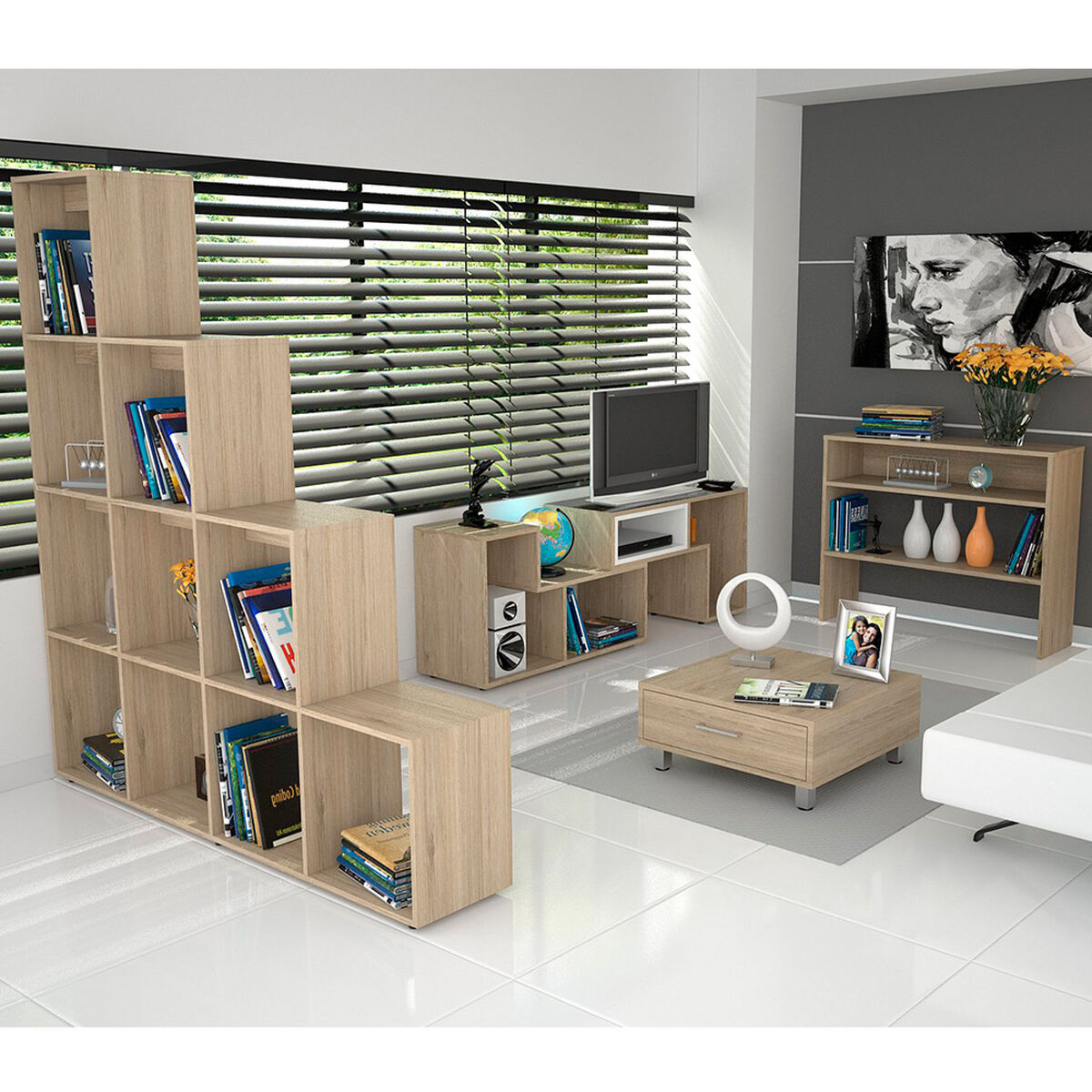 Rack + Biblioteca + Mesa de Centro + Arrimo Beijing TuHome