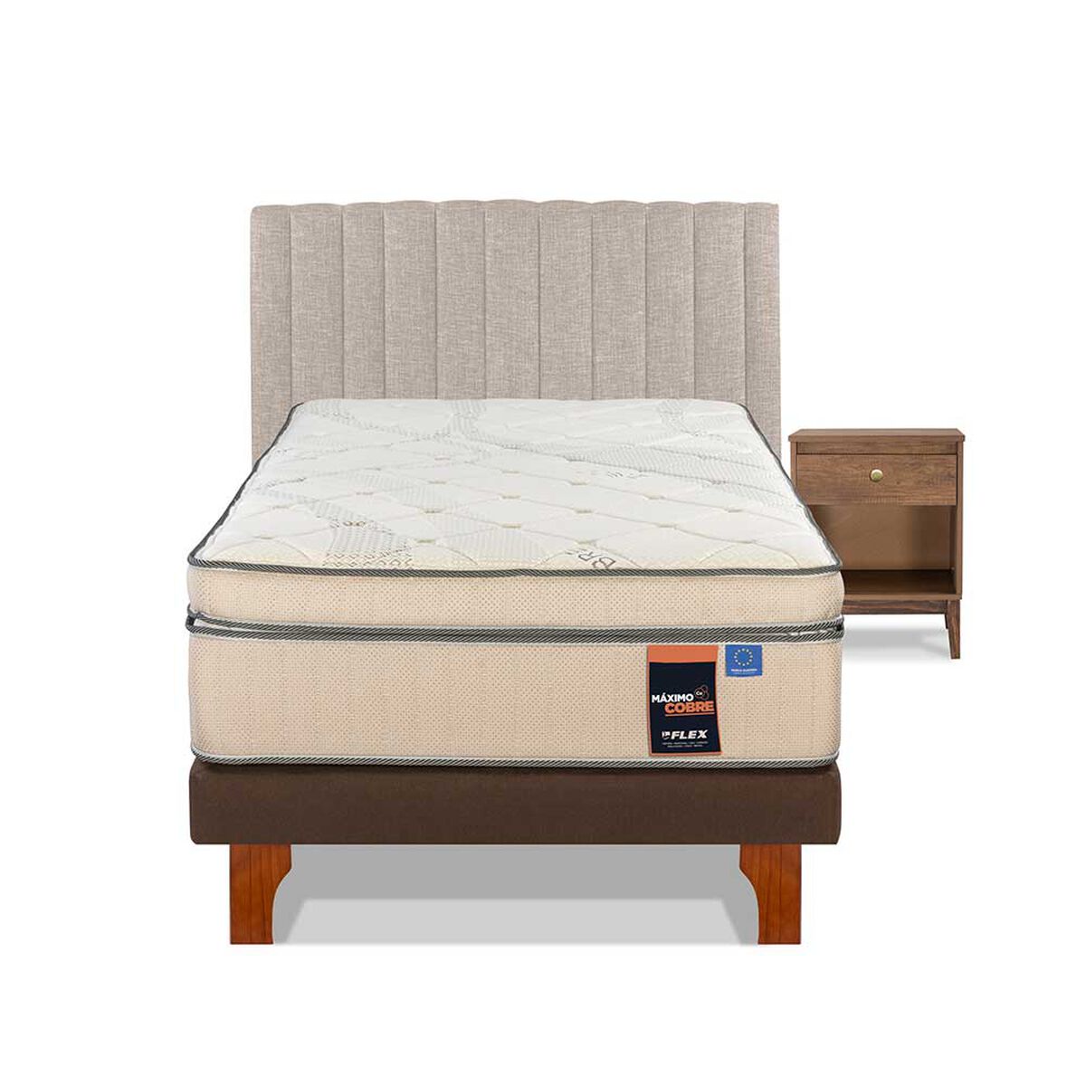 Cama Europea Flex 1,5 Plazas Máximo Cobre  + Respaldo Tubular Beige + Velador Atenas