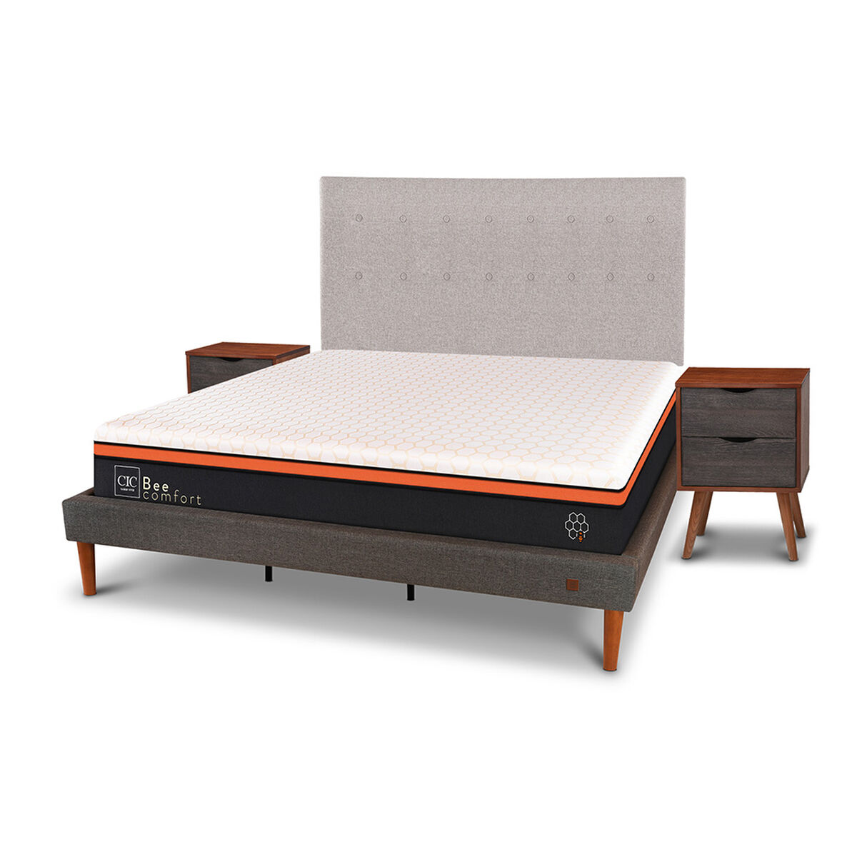 Cama Europea Curve CIC King Bee Comfort + Respaldo + 2 Veladores