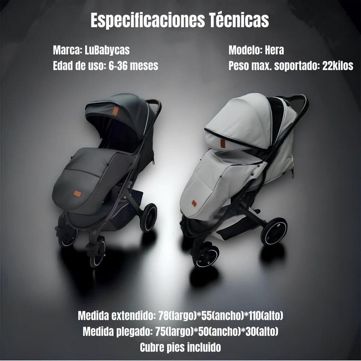 Coche de Paseo con Cubre Pies LuBabycas Gris