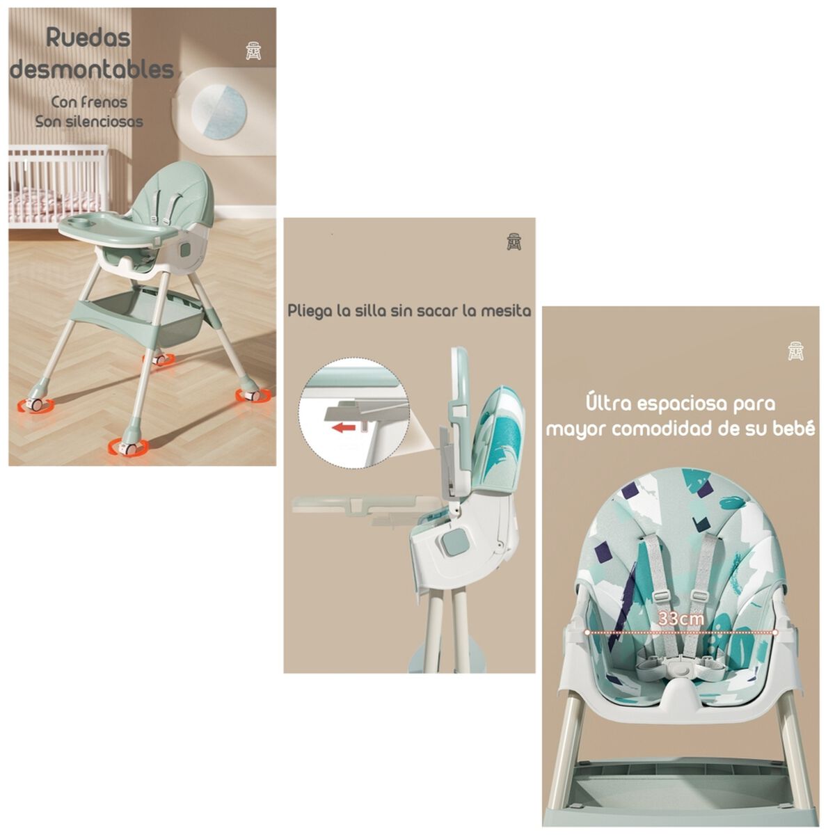 Silla de Comer Mecedora 2 en 1 con Ruedas Verde Lubabycas