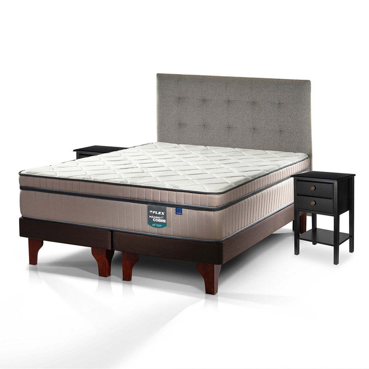 Cama Europea Flex Base Dividida S&uacute;per King M&aacute;ximo Cobre + Respaldo Design Gris + 2 Veladores Rover