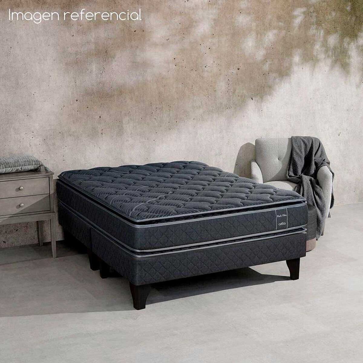 Cama Europea Celta 2 Plazas Black Elite Base Dividida + Set Havana