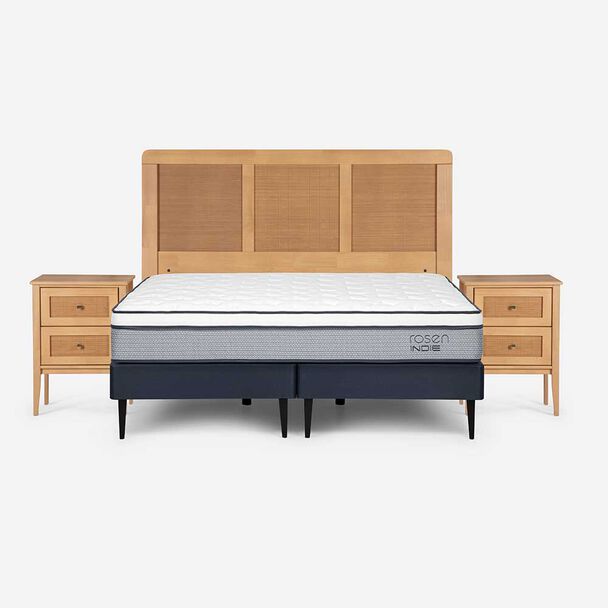 Cama Europea Rosen Base Dividida 2 Plazas Indie + Respaldo + 2 Veladores Charles