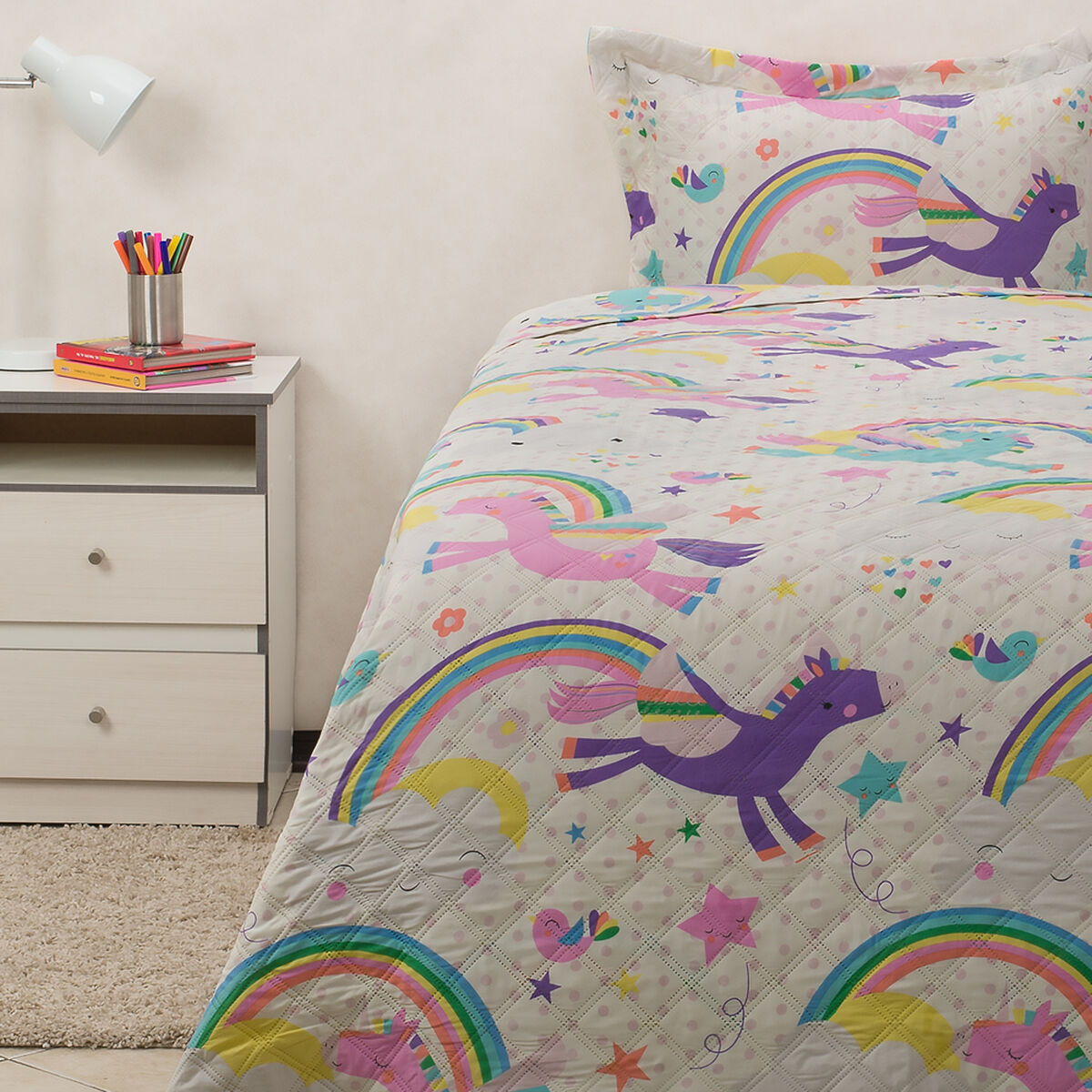 Cubrecama Bicolor Heat Press Casanova Kids 1,5 Plazas Unicornio