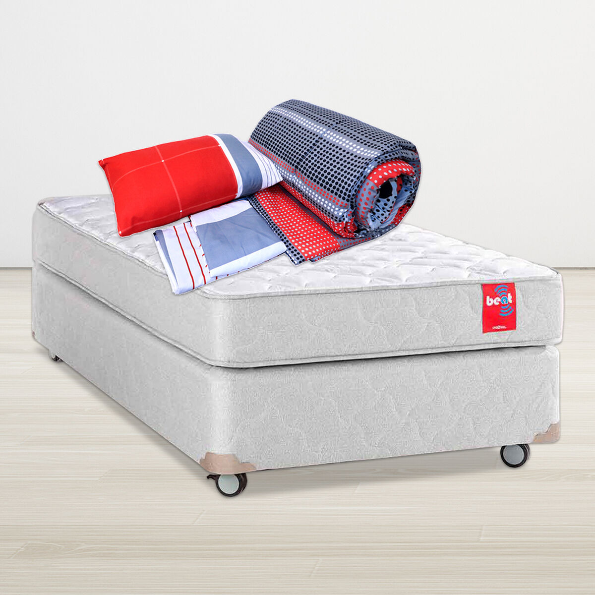 Combo Cama Americana Rosen 1 Plaza Beat + Plum&oacute;n Casanova + S&aacute;bana 1,5 Plazas + 1 Almohada