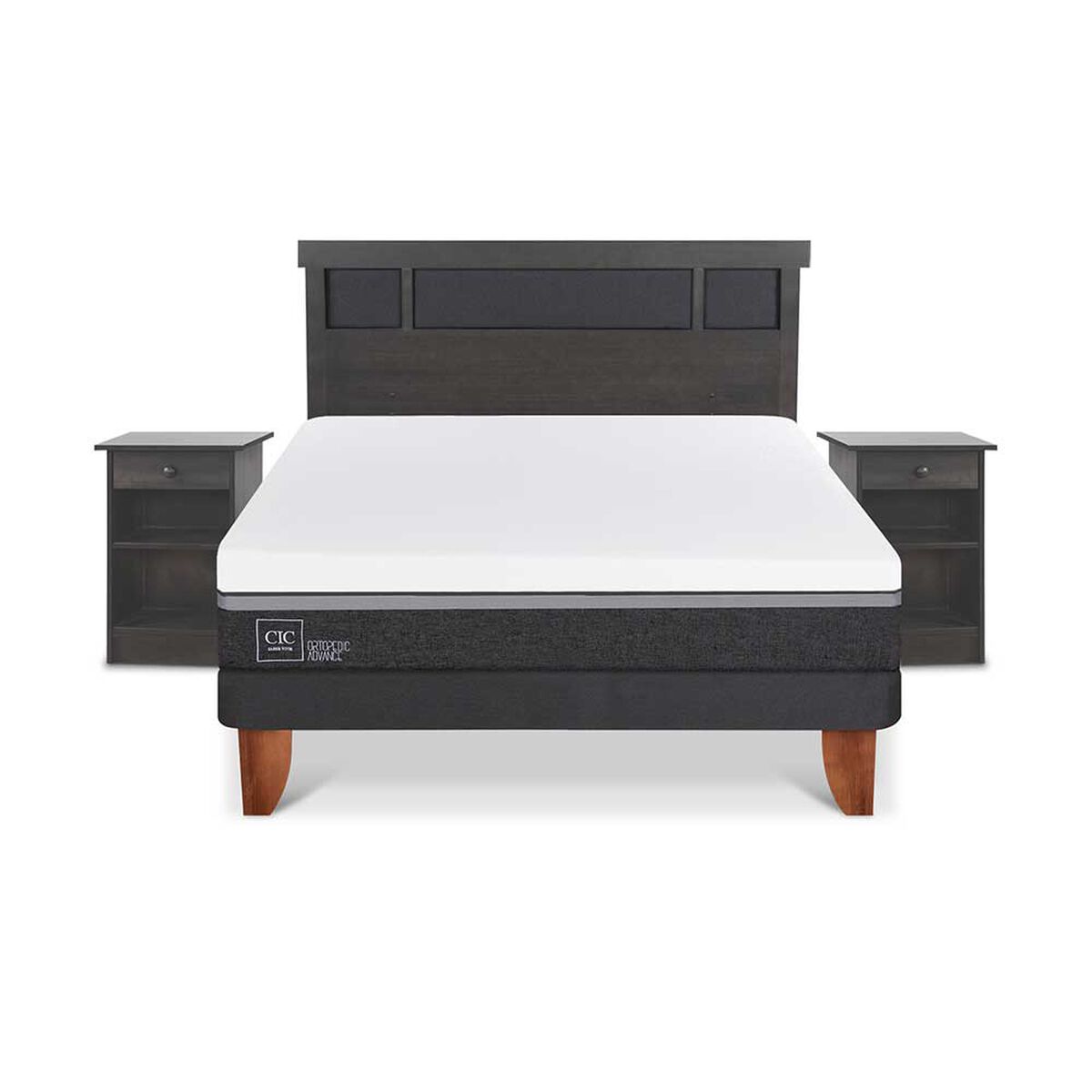 Cama Europea CIC 2 Plazas Ortopedic Advance + Respaldo + 2 Veladores Dublin