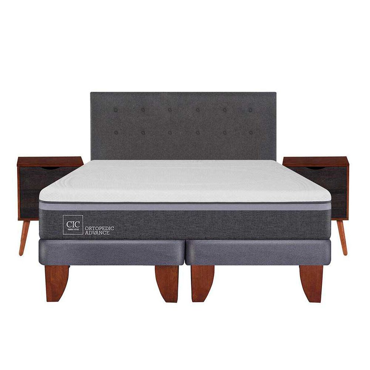 Cama Europea CIC 2 Plazas  Ortopedic Advance + Respaldo + 2 Veladores Eufrates