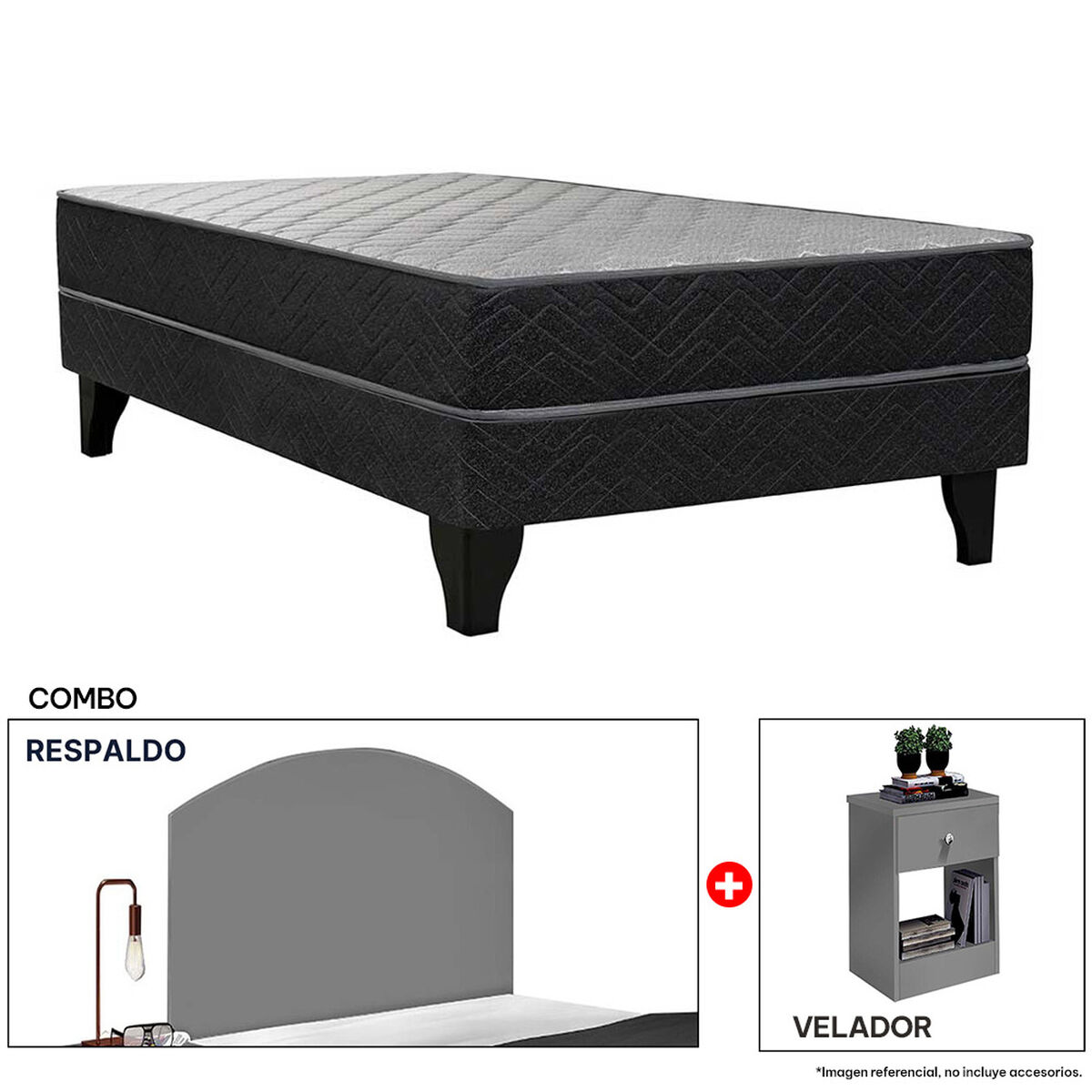 Combo Celta Cama Europea 1,5 Plazas Atlantis Black 190 x 105 cm + Respaldo + Velador Casanova 1,5 Plazas Gris