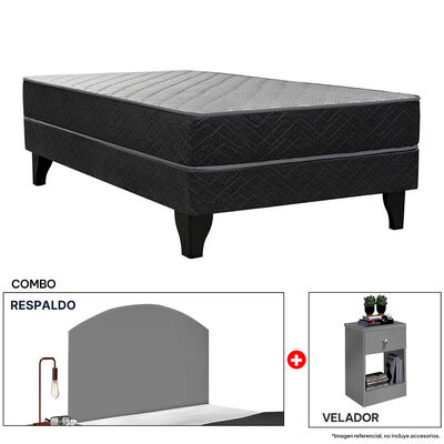 Combo Celta Cama Europea 1,5 Plazas Atlantis Black 190 x 105 cm + Respaldo + Velador Casanova 1,5 Plazas Gris