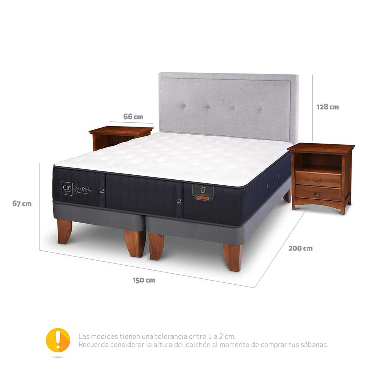 Cama Europea CIC Base Dividida 2 Plazas Premium + Respaldo + 2 Veladores Ganges
