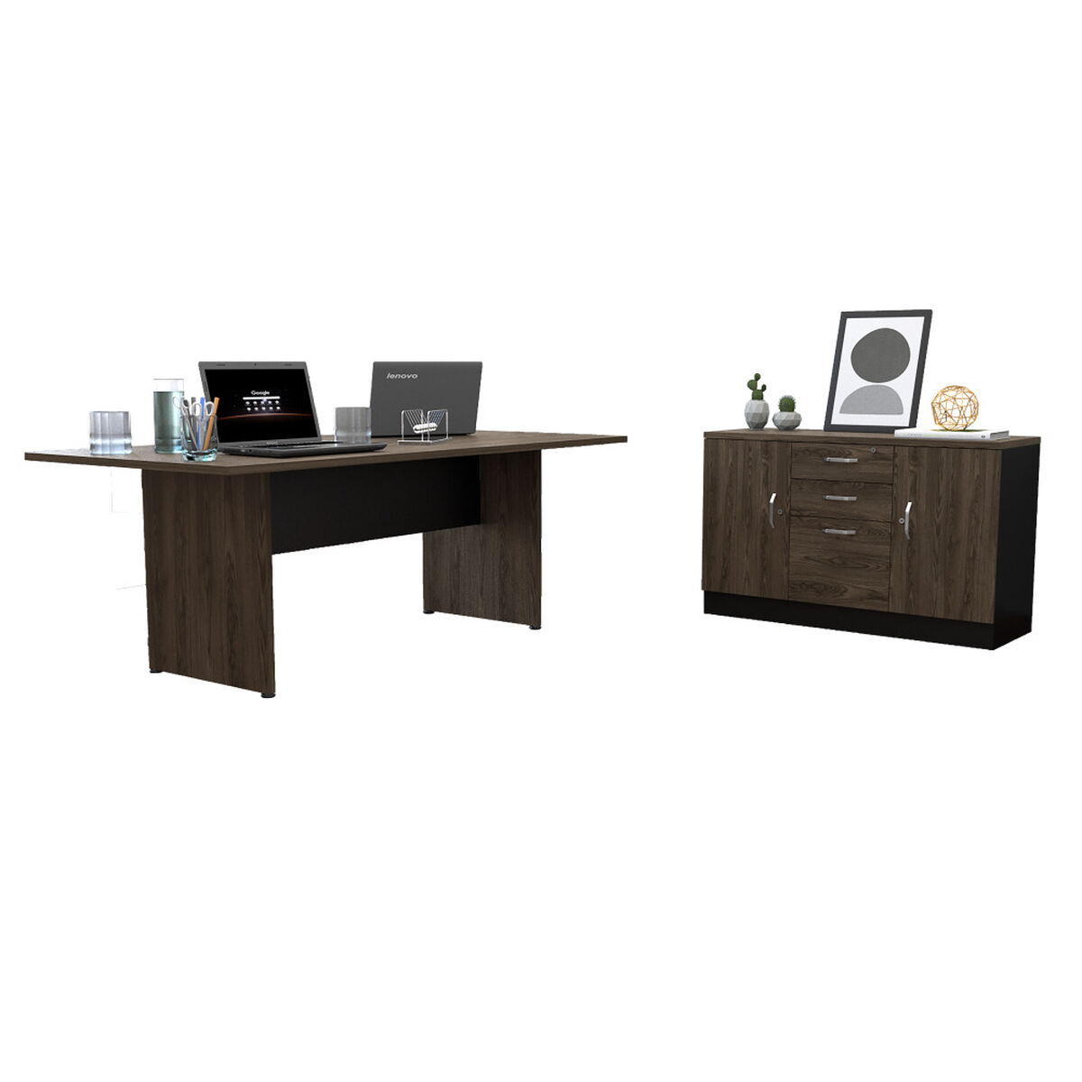 Combo Oficina Mesa Reuni&oacute;n + Gabinete 2 Puertas Negro TuHome Home Office