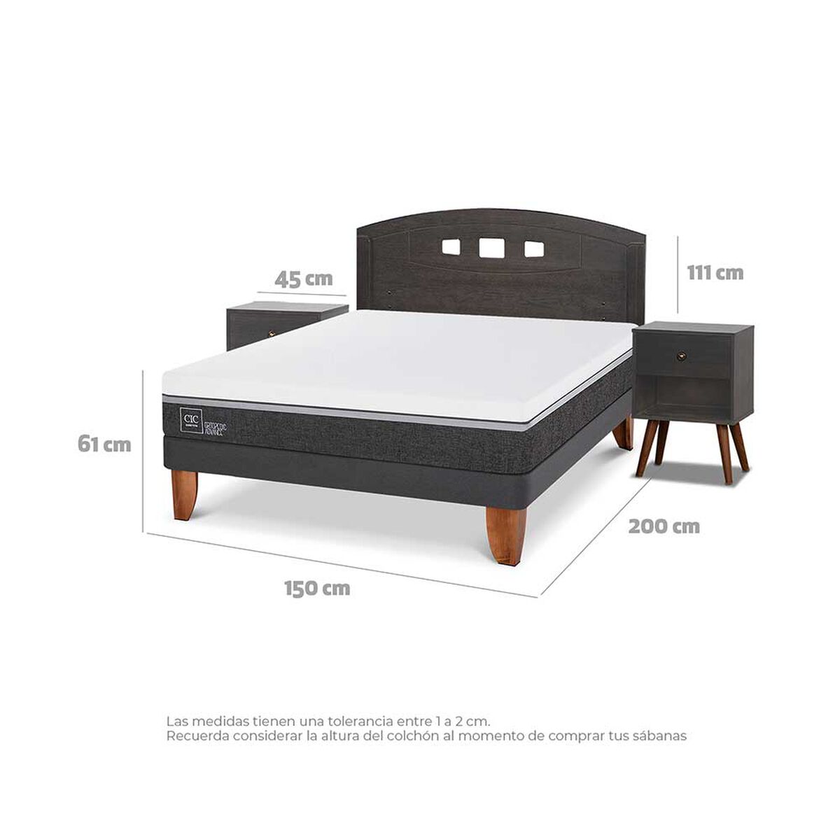 Cama Europea CIC 2 Plazas Ortopedic Advance + Respaldo + 2 Veladores Gales