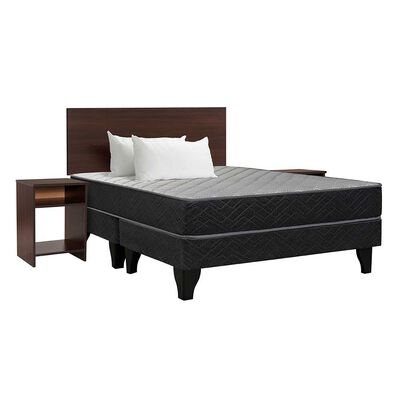 Cama Europea Celta Base Dividida 2 Plazas Atlantis Black + Respaldo + 2 Veladores Castilla + 2 Almohadas