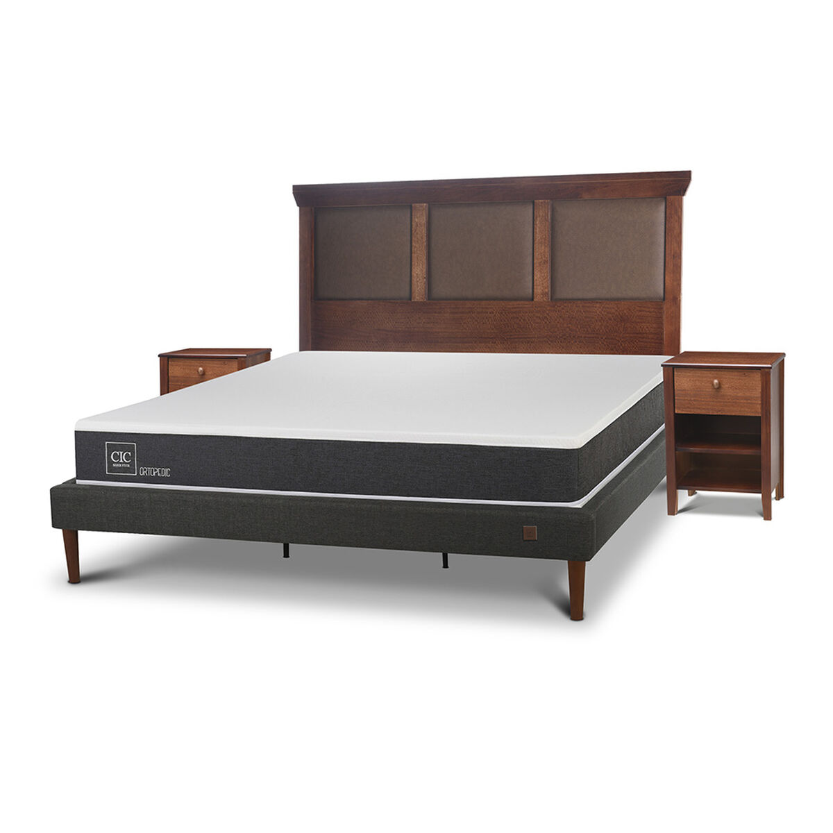 Cama Europea CIC King New Ortopedic + Respaldo New Torino Caramelo + 2 Veladores