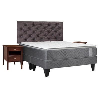Cama Europea Celta Base Dividida King Carbono + Respaldo + 2 Veladores Capitone