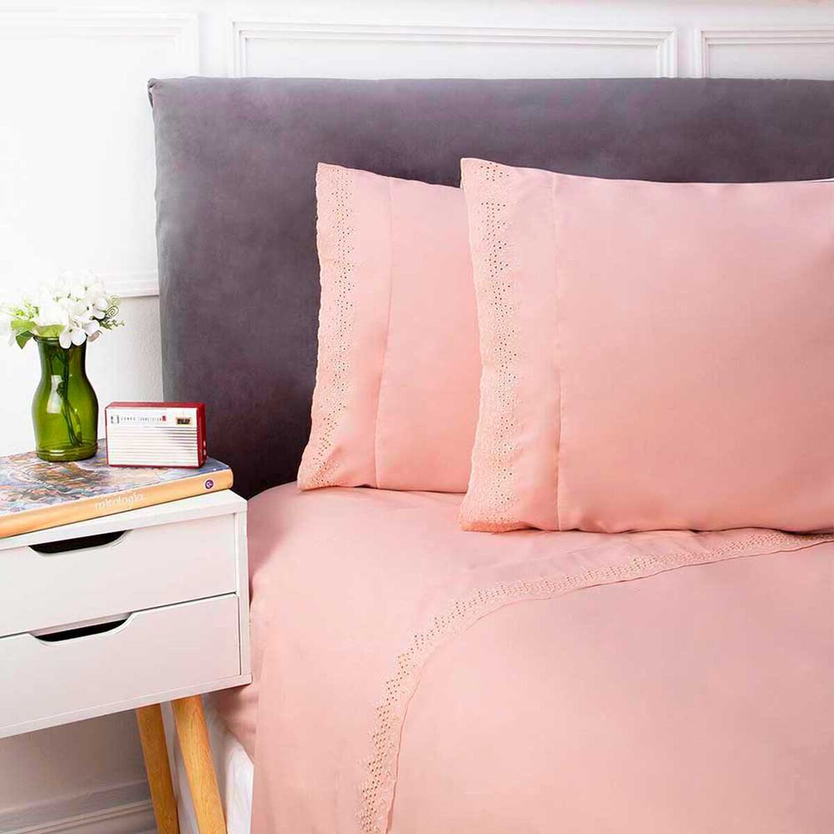 Juego de S&aacute;banas Broderie Dreams 1,5 Plazas Liso Rosa