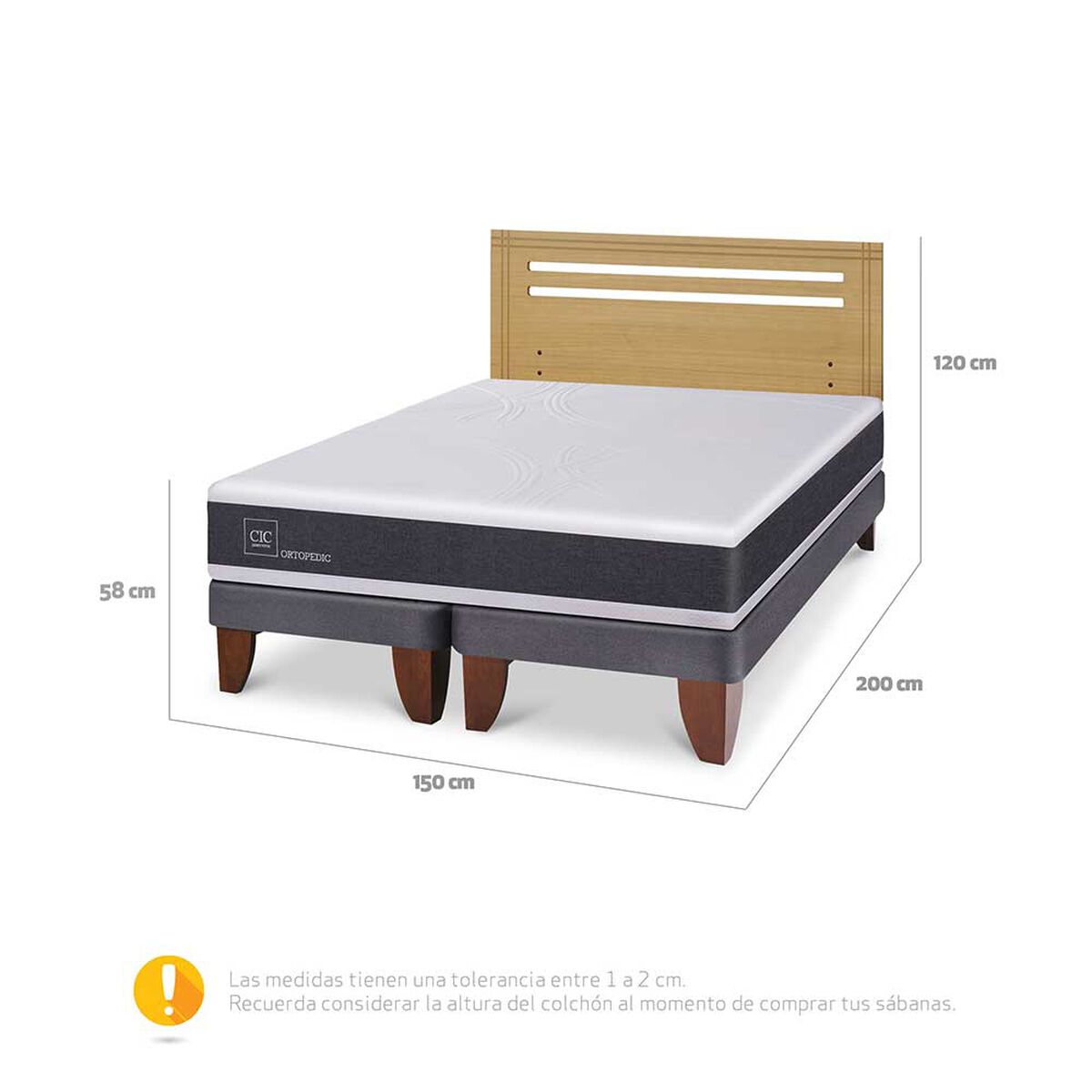 Cama Europea CIC Base Dividida 2 Plazas Ortopedic + Respaldo Munich Mostaza