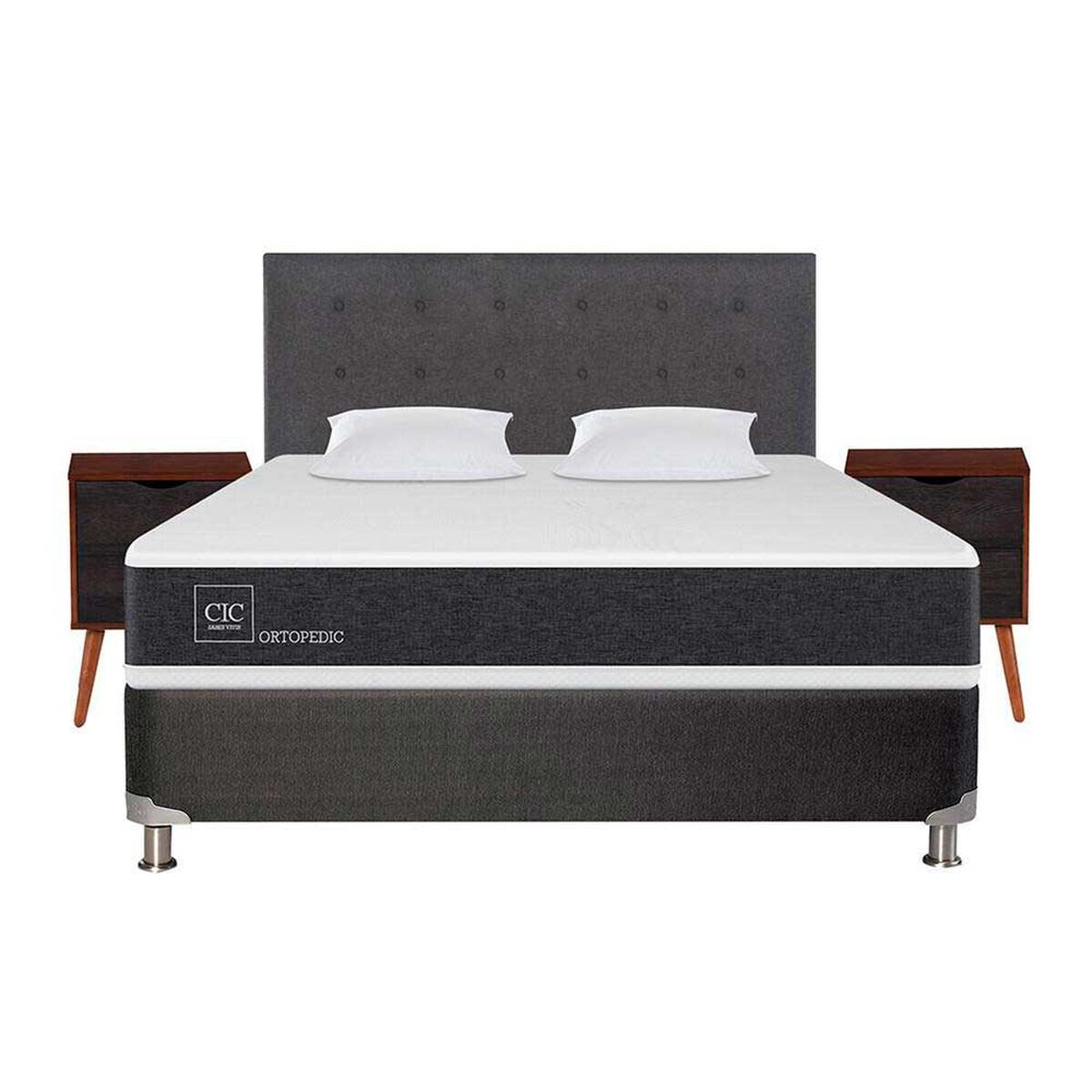 Box Spring CIC 2 Plazas New Ortopedic + Respaldo + 2 Veladores Eufrates + Almohada