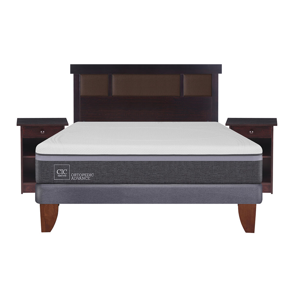 Cama Europea CIC 2 Plazas Ortopedic Advance + Respaldo + 2 Veladores Dublin Chocolate