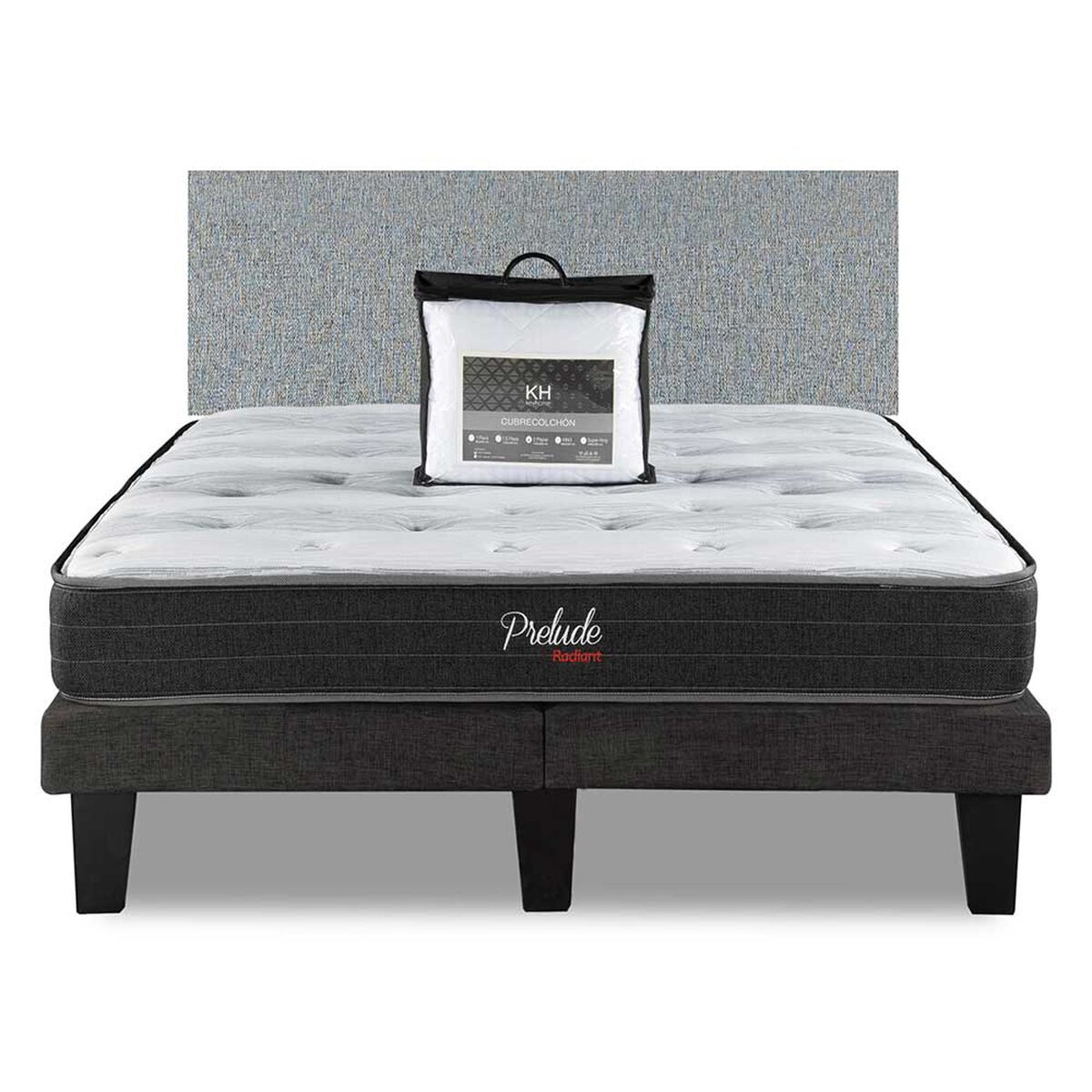 Combo Cama Europea Prelude Radiant 2 Plazas Normal + Respaldo Praga Plata + Cubre Colchón