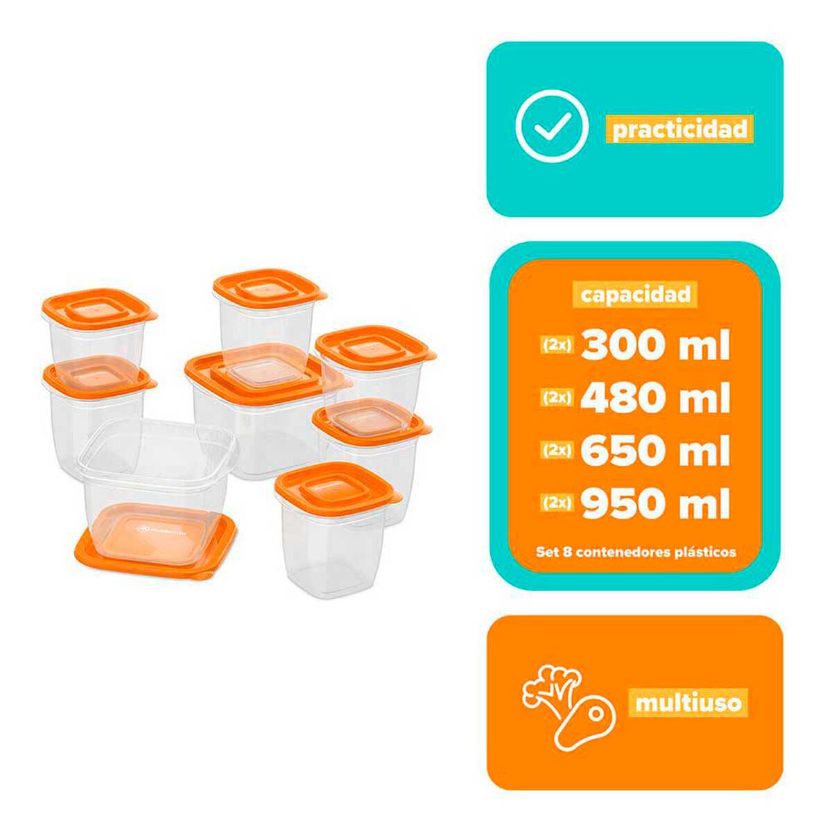 Set 8 Contenedores Plásticos Mademsa Transparente Naranjo