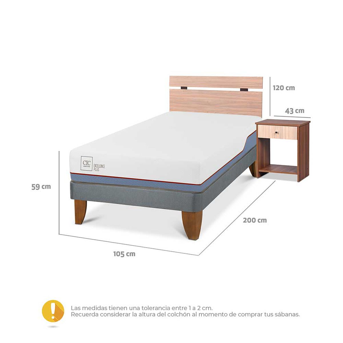 Cama Europea CIC 1,5 Plazas Excellence Plus + Respaldo + Velador