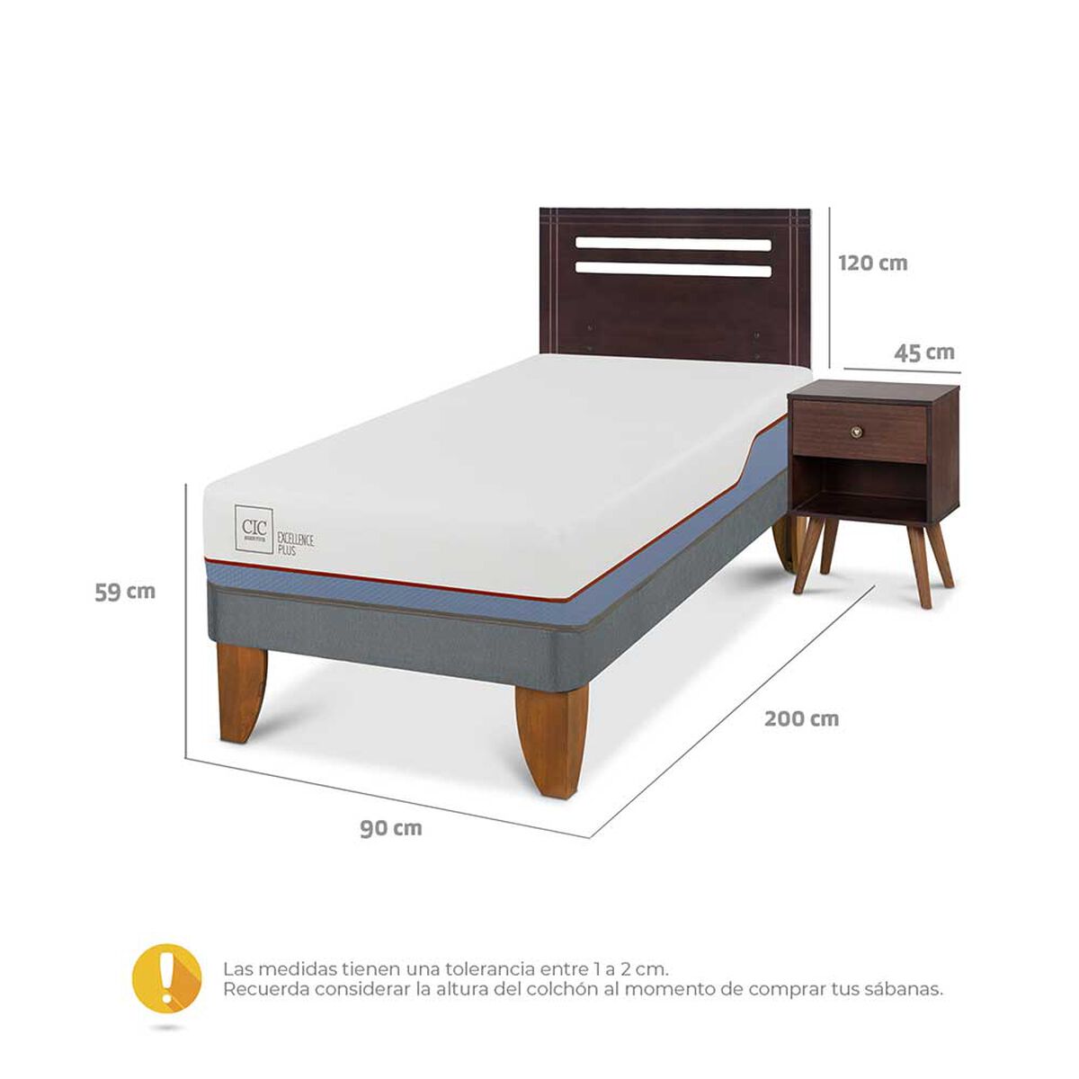 Cama Europea CIC 1 Plaza Excellence Plus + Respaldo + Velador New Munich