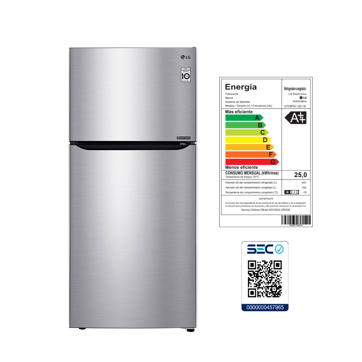 Refrigerador No Frost LG GT57BPSX 553 lts.