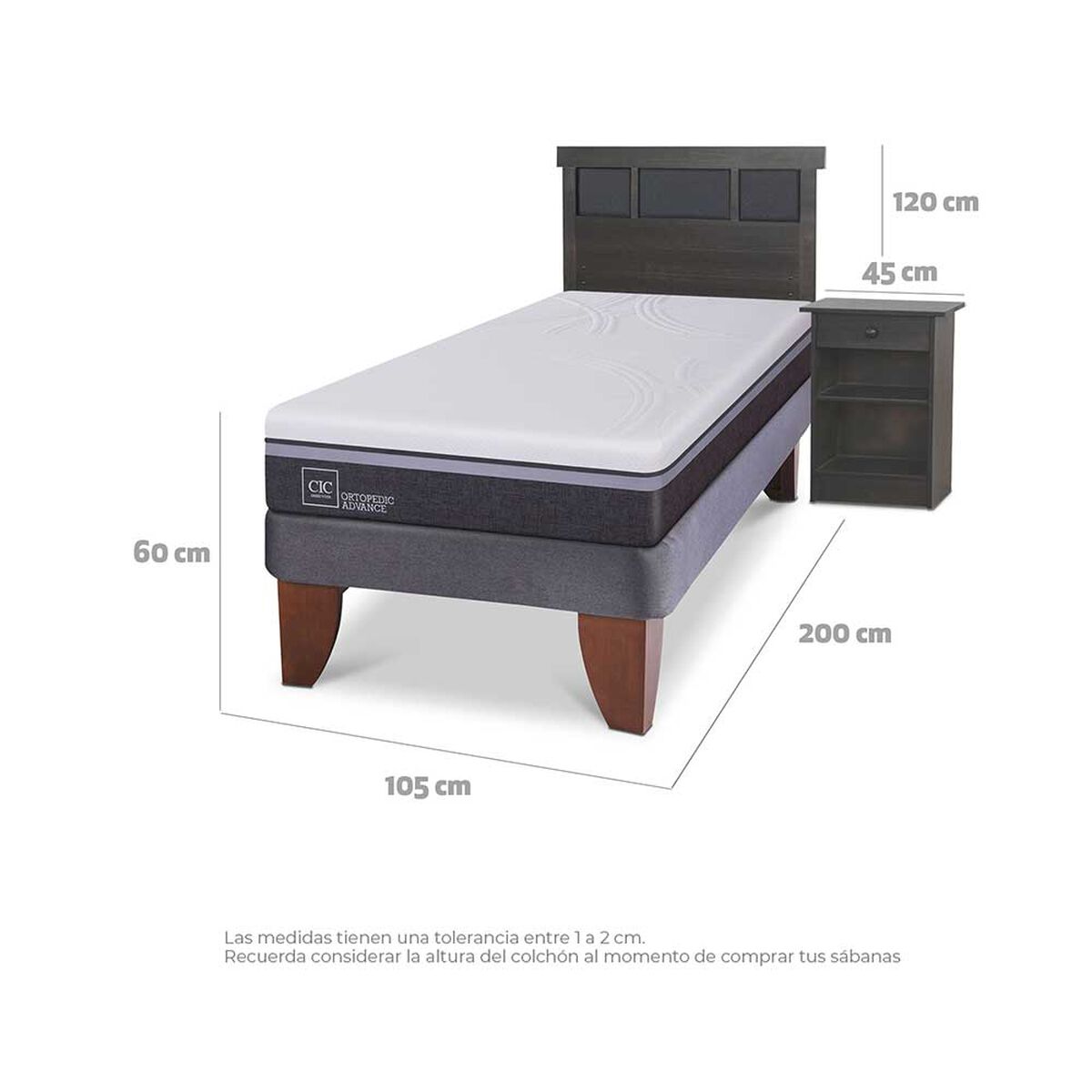 Cama Europea CIC 1,5 Plazas Ortopedic Advance + Respaldo + Velador Dublin