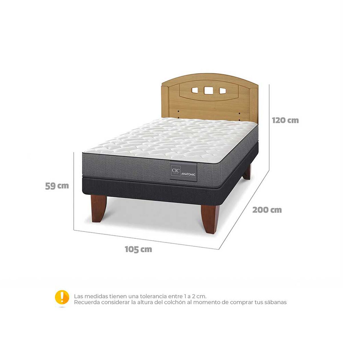 Cama Europea CIC 1,5 Plazas Anatomic + Respaldo Gales Mostaza