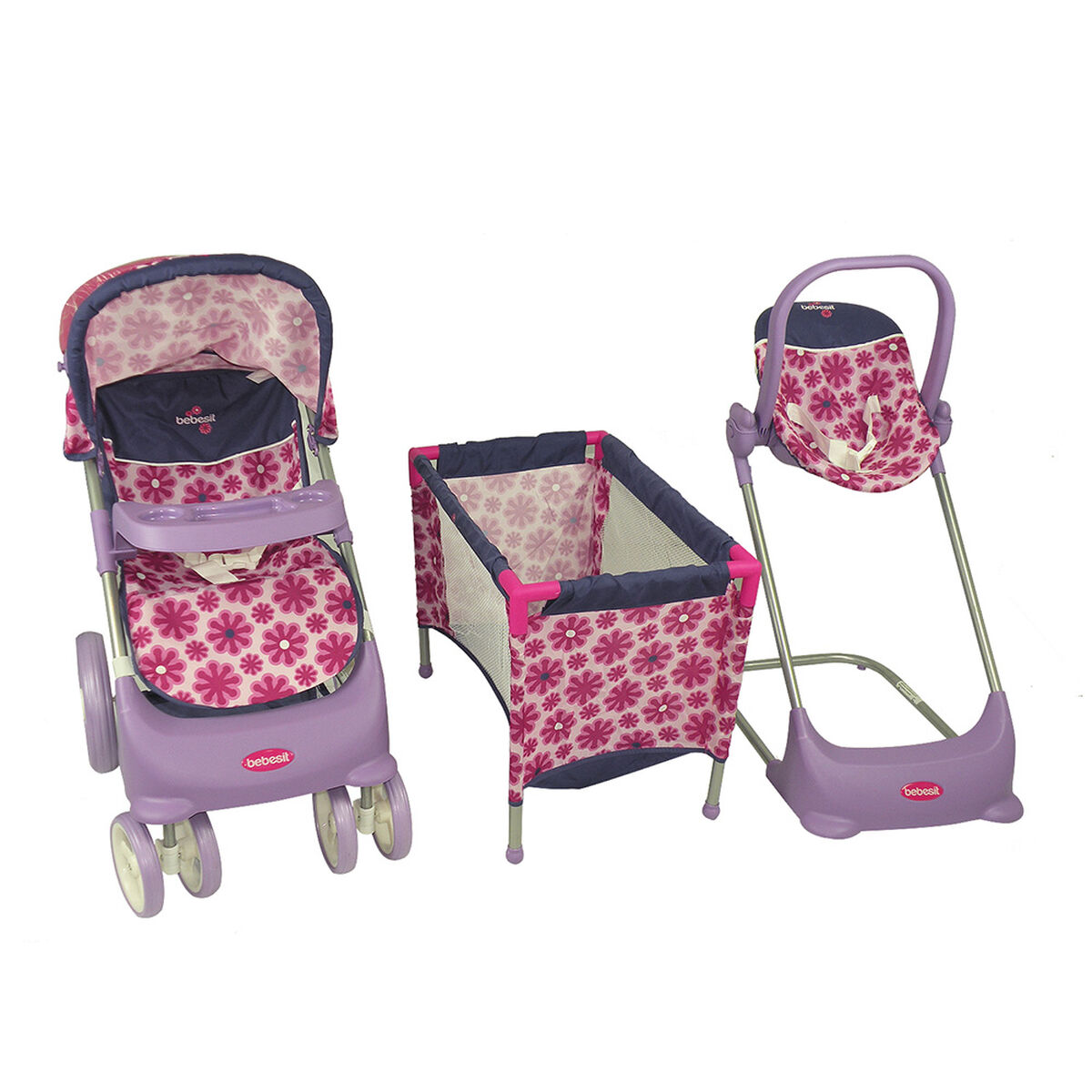 Set 1 Coche + 1 Cuna + 1 Silla Nido Bebé de Muñecas Bebesit