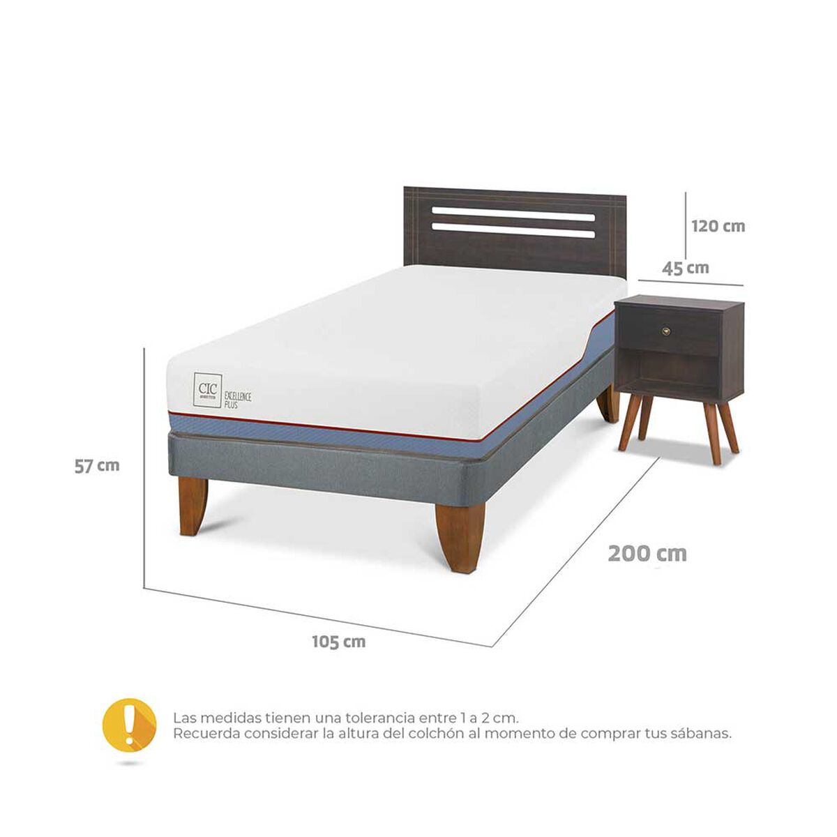 Cama Europea CIC 1,5 Plazas Excellence Plus + Respaldo + Velador Munich