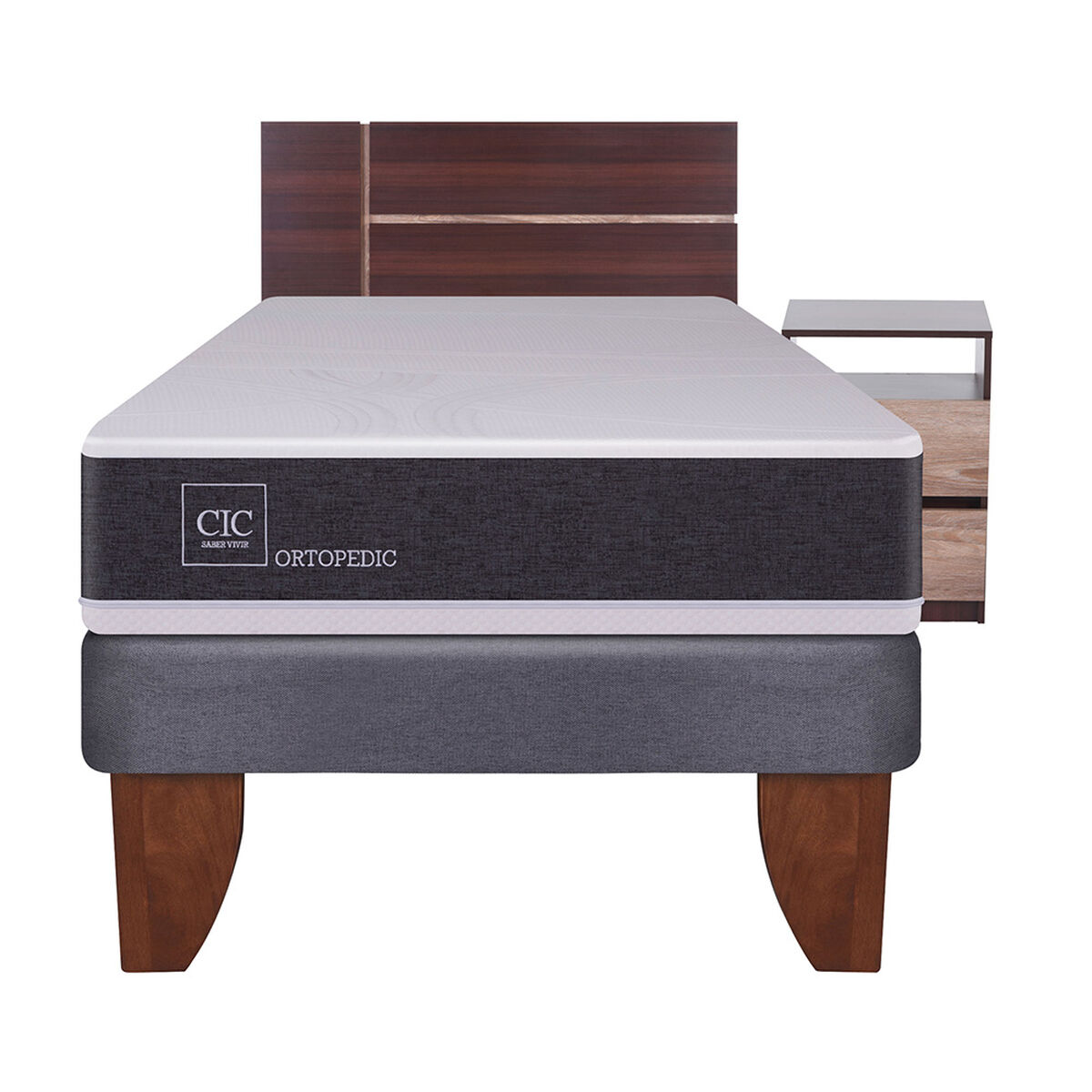 Cama Europea CIC 1,5 Plazas Ortopedic + Respaldo + Velador