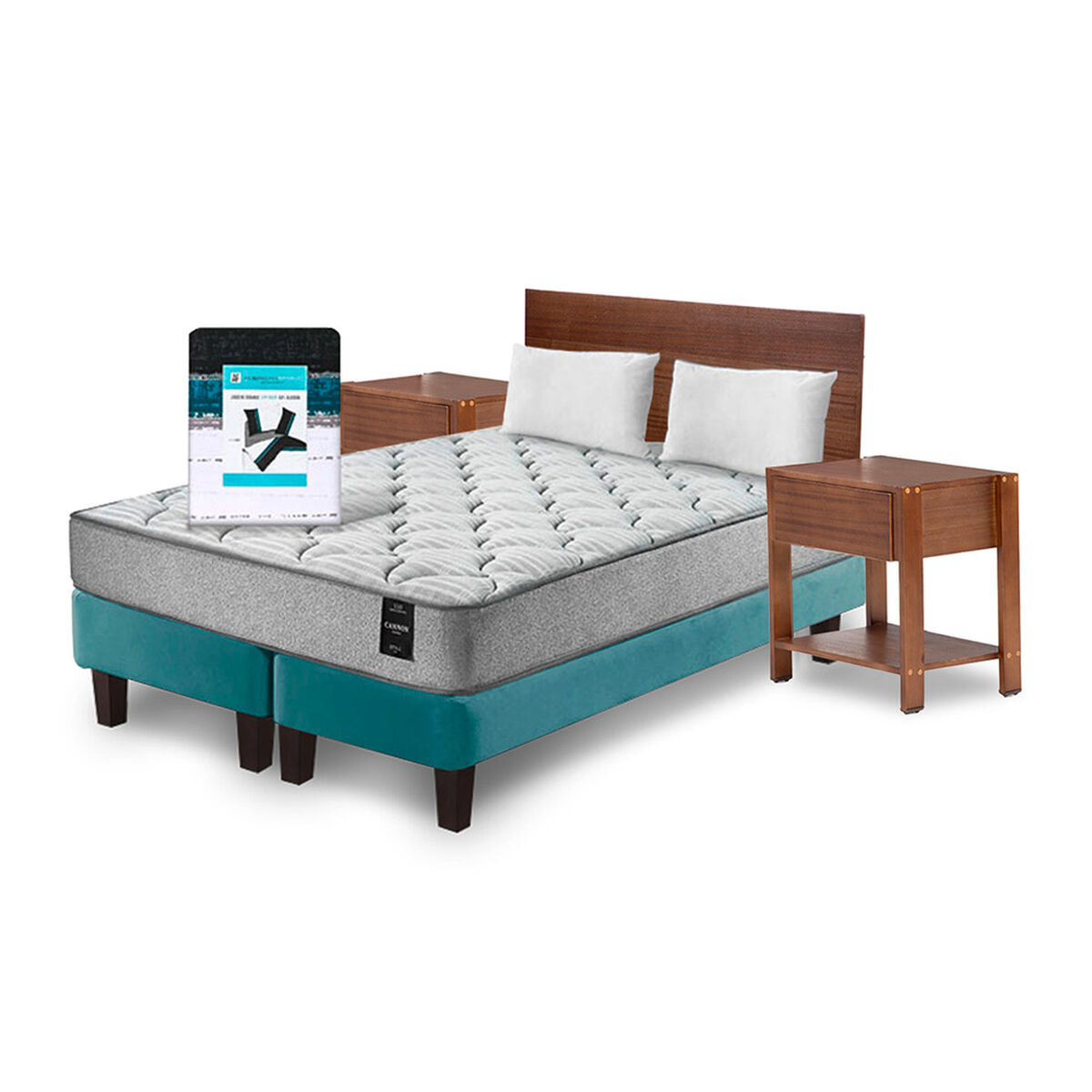 Combo Cama Europea Latam Home 2 Plazas Cannon BD Tela Turquesa + Textil + Resp. + 2 Veladores Orion