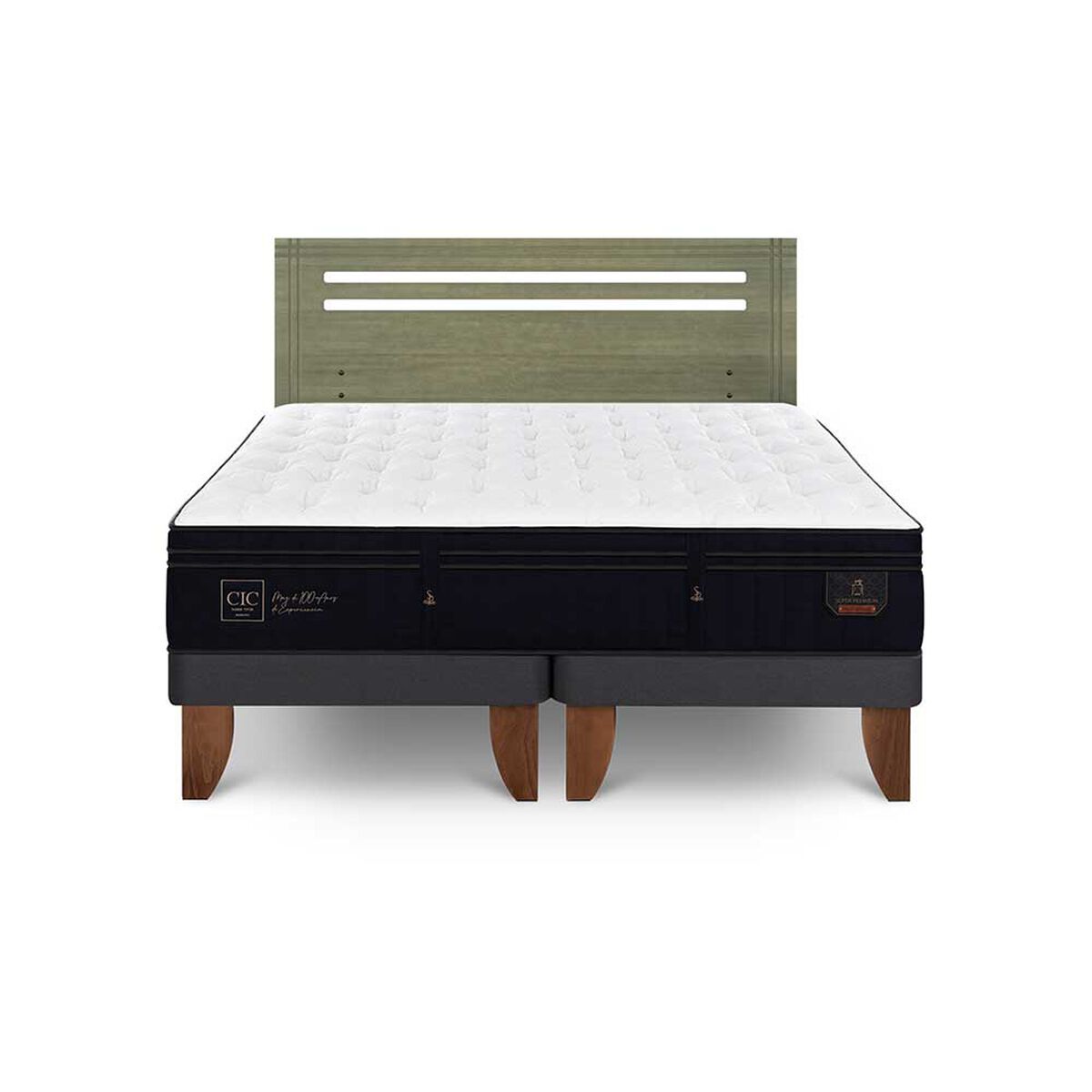 Cama Europea CIC Base Dividida 2 Plazas S&uacute;per Premium + Respaldo Munich Olivo