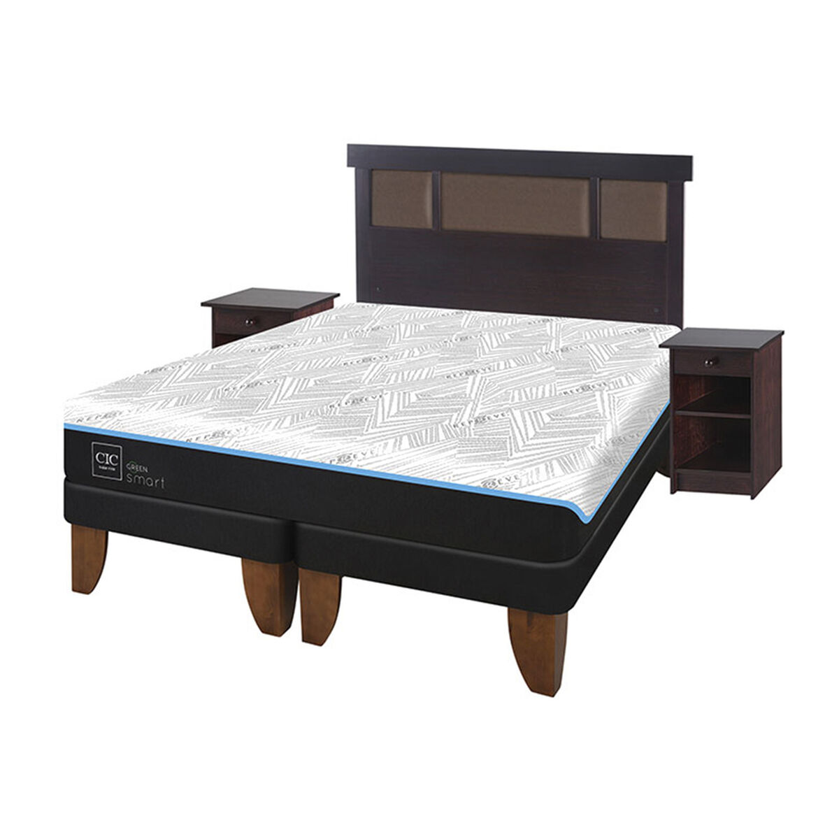 Cama Europea CIC Green Infinity 2 Plazas + 1 Respaldo + 2 Veladores Dublin Choc