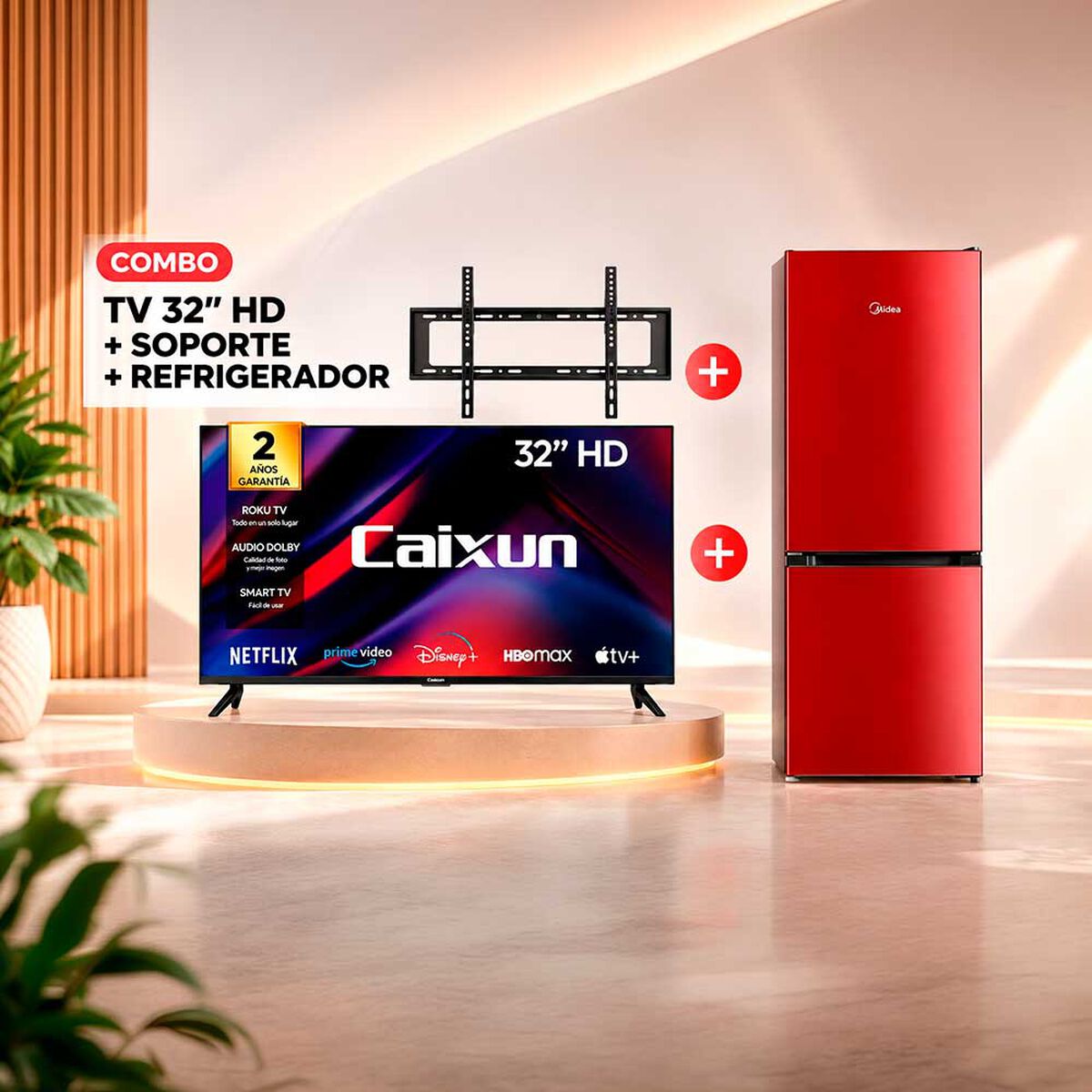 Combo Refrigerador Frio Directo Midea MDRB241FGE13M 174 L + Smart TV LED 32" Caixun HD Roku C32V1HR + Soporte TV Fijo Kioto KT-TF86 Negro