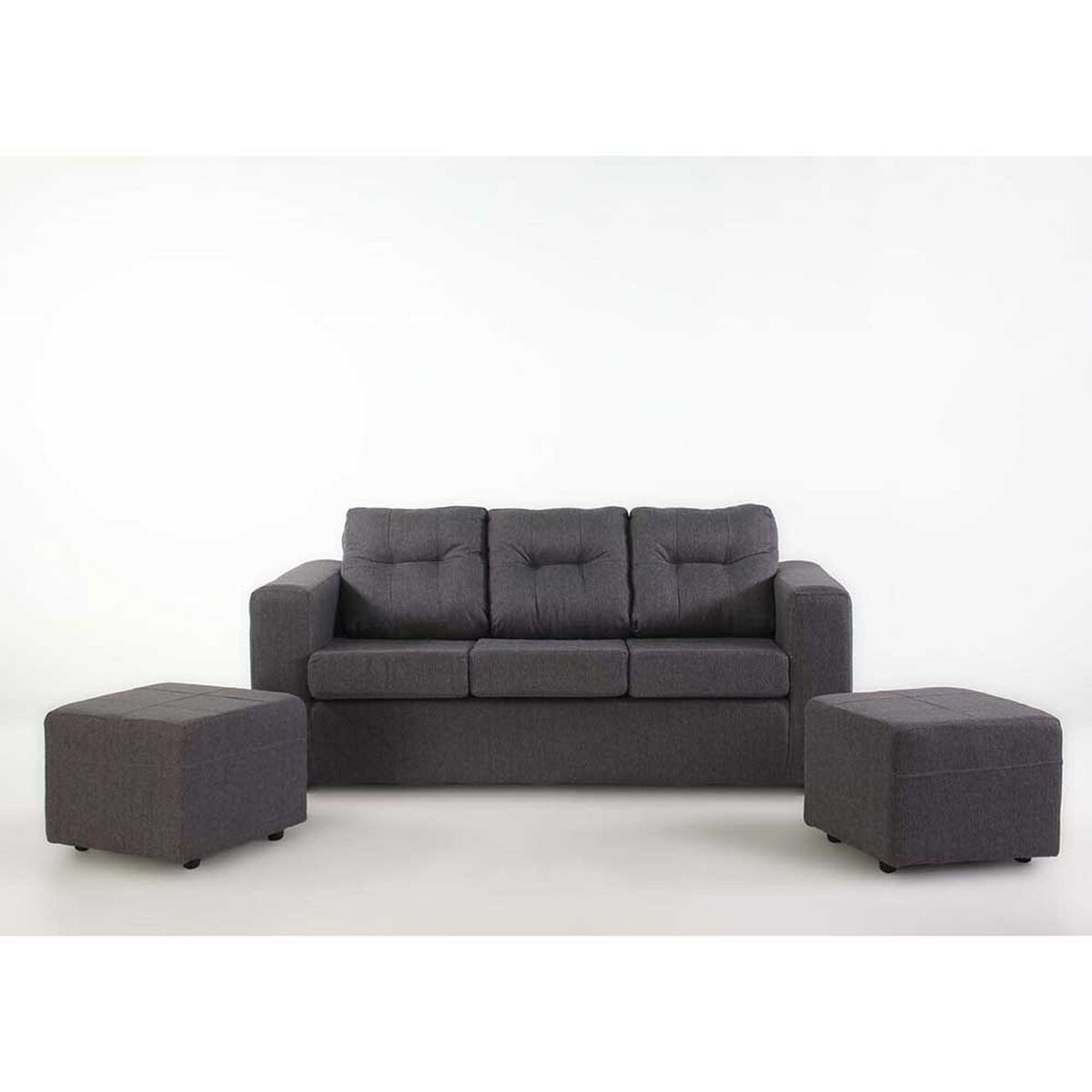 Juego de Living Kea Nize Sofá 3 Cuerpos + Dos Pouf 1 Cuerpo Cañamazo Gris