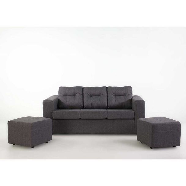 Juego de Living Kea Nize Sofá 3 Cuerpos + Dos Pouf 1 Cuerpo Cañamazo Gris