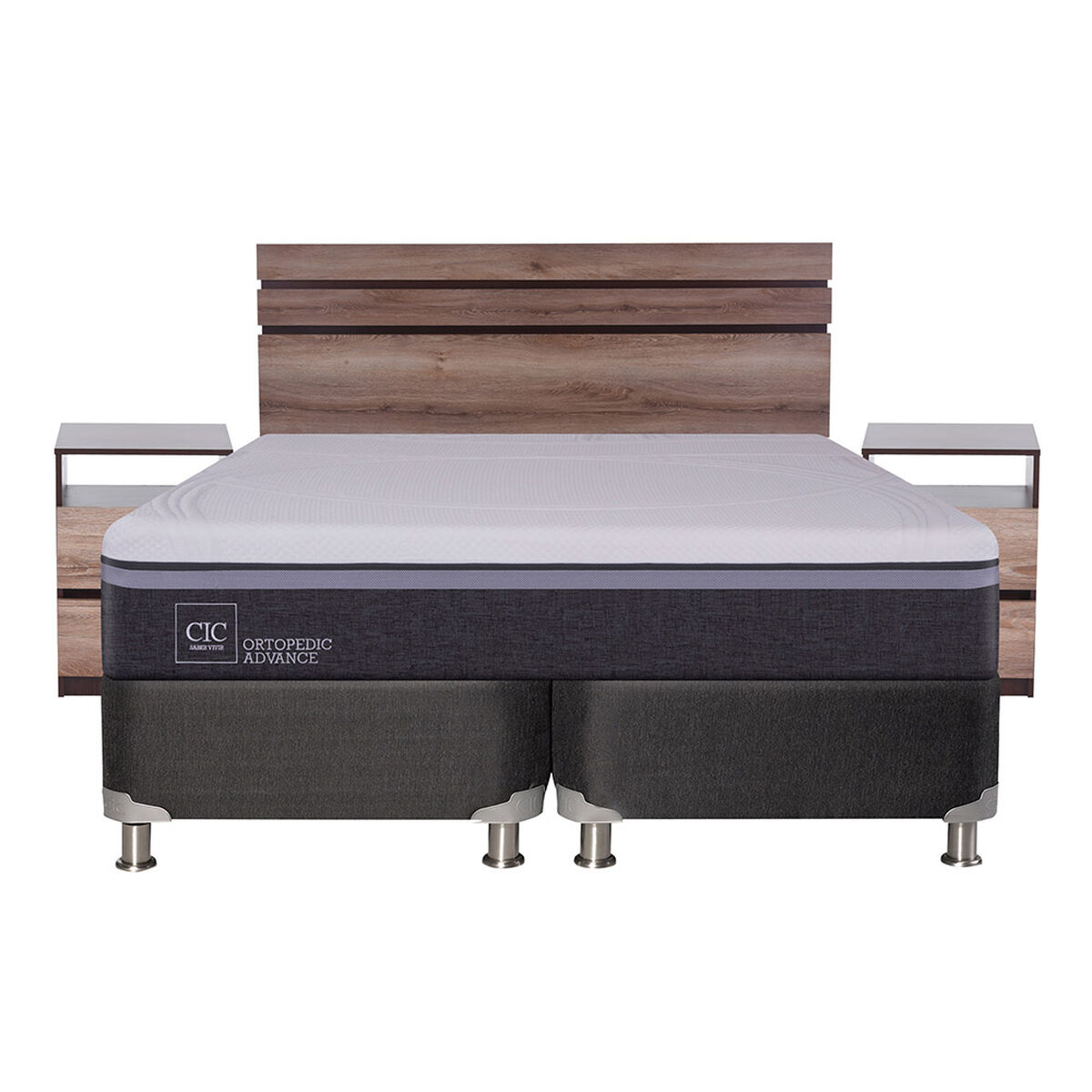 Box Spring CIC Base Dividida 2 Plazas Ortopedic Advance + Respaldo + 2 Veladores