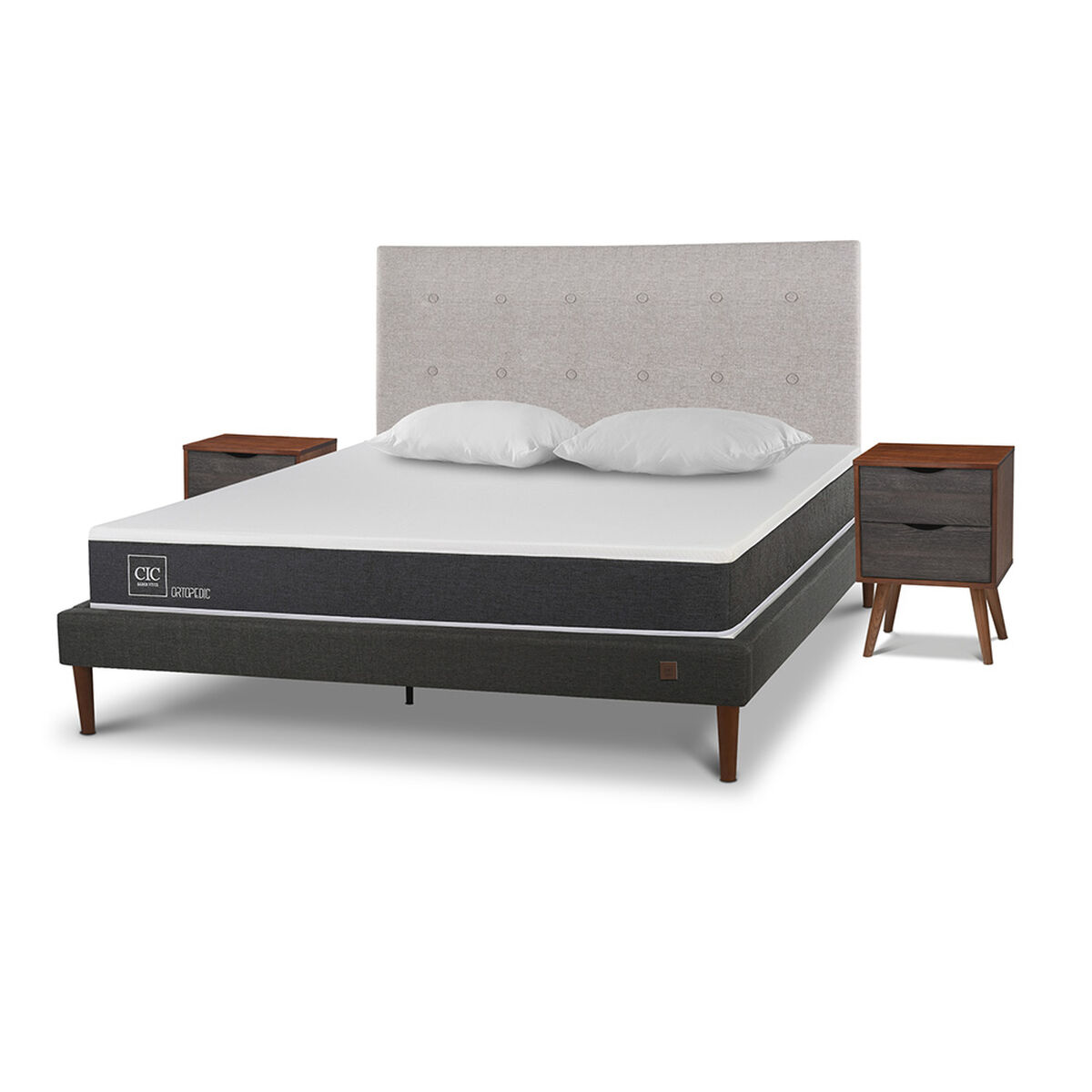 Cama Europea CIC 2 Plazas New Ortopedic + Respaldo Tigris + 2 Veladores + Almohadas Viscoel&aacute;sticas