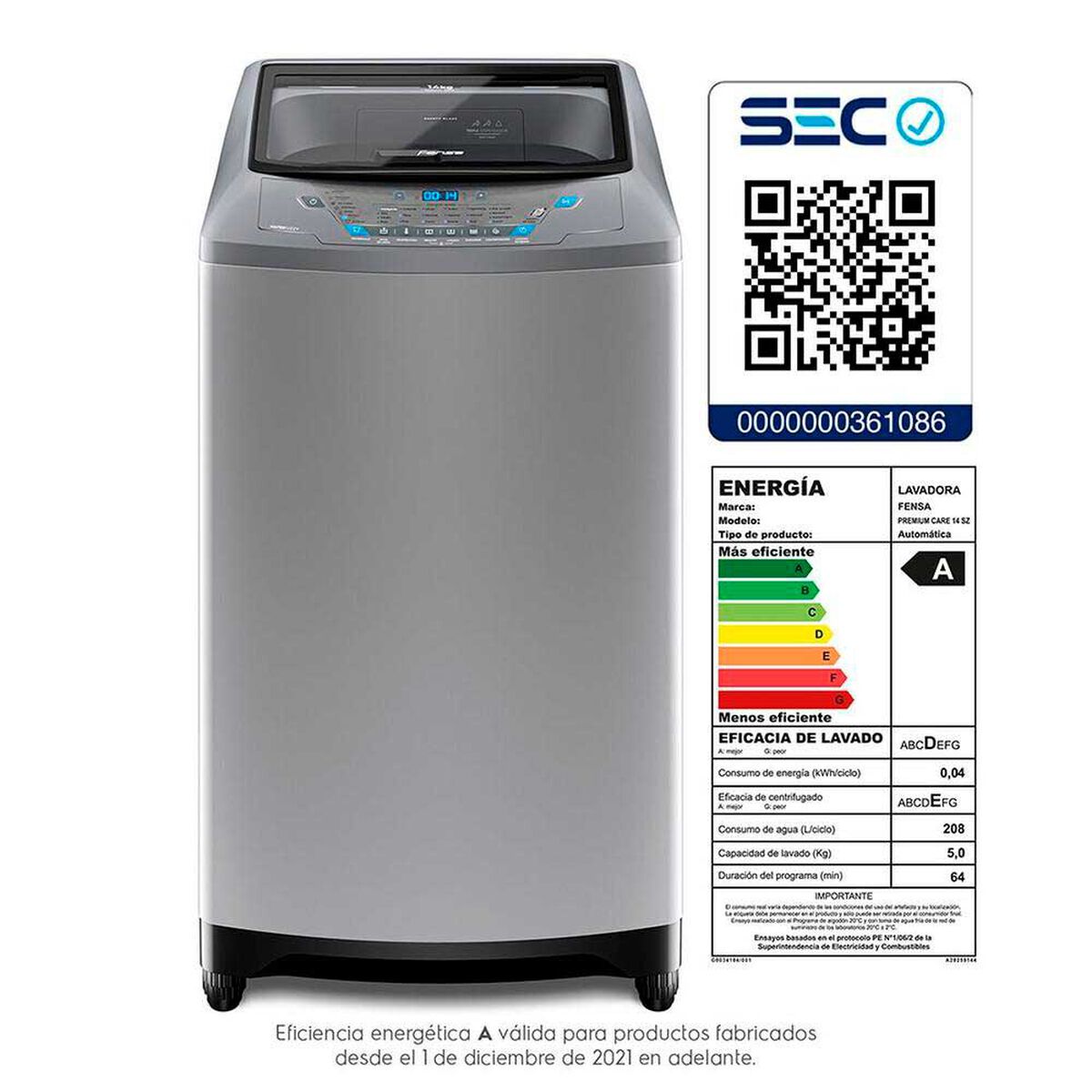 Lavadora Autom&aacute;tica Fensa Premium Care 14 SZ 14 kg.